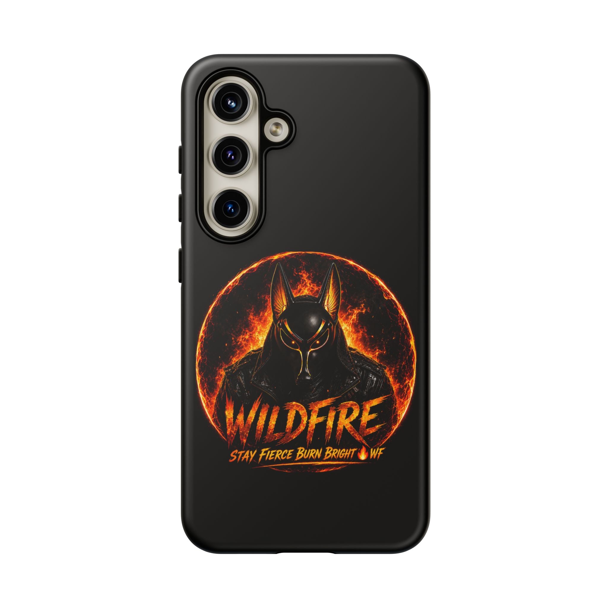 Wildfire Phone Case — Fierce Flaming Anubis Design, "Stay Fierce Burn Bright"