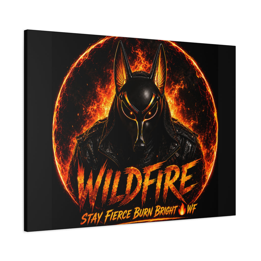 Wildfire Anubis Canvas — ‘WILDFIRE Stay Fierce Burn Bright’ Matte Stretched Wall Art
