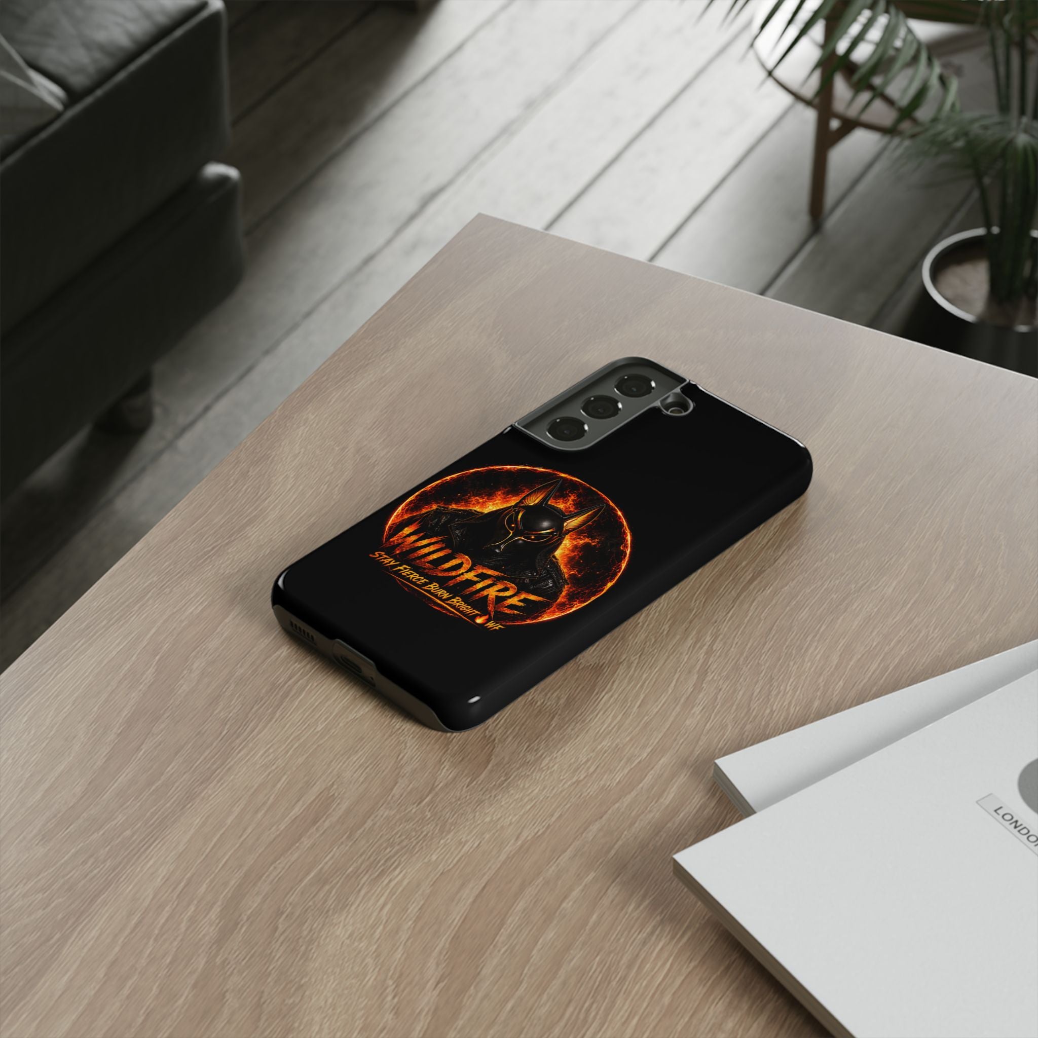 Wildfire Phone Case — Fierce Flaming Anubis Design, "Stay Fierce Burn Bright"