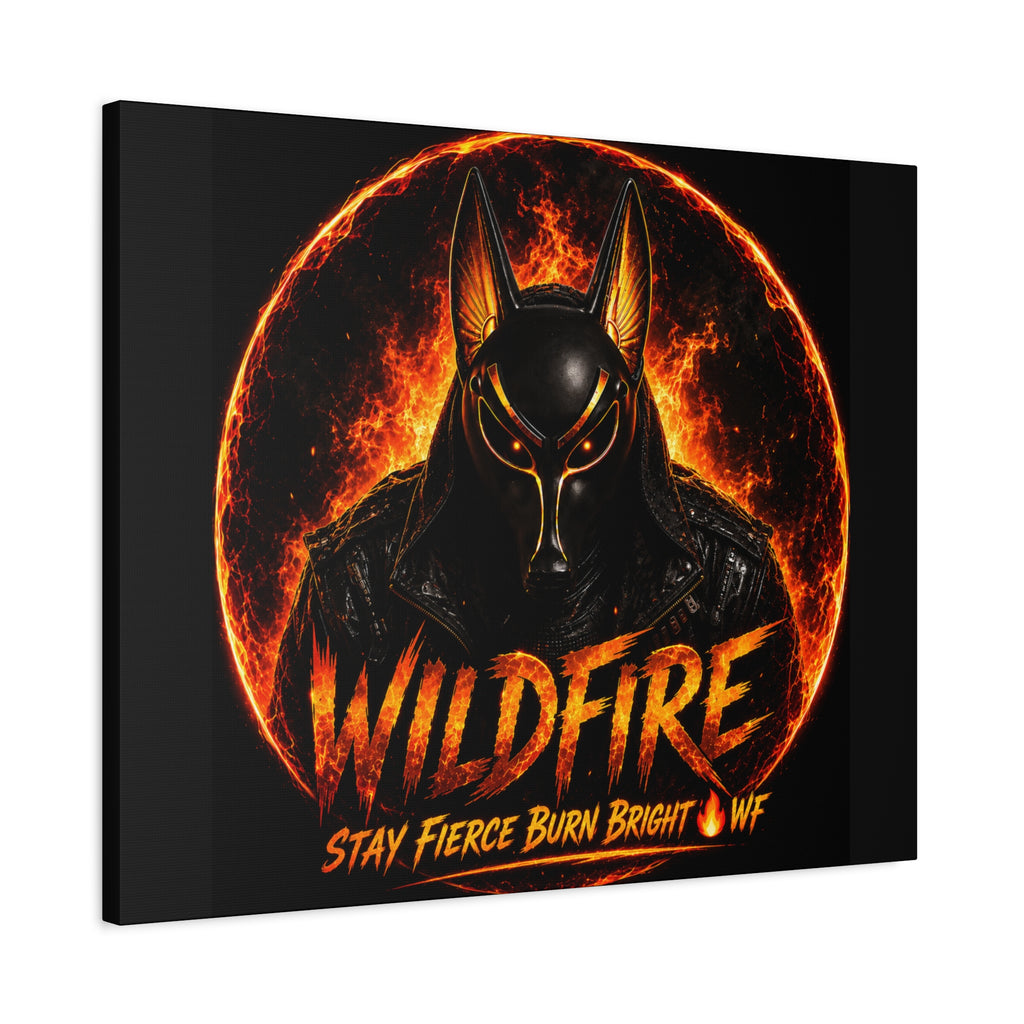 Wildfire Anubis Canvas — ‘WILDFIRE Stay Fierce Burn Bright’ Matte Stretched Wall Art