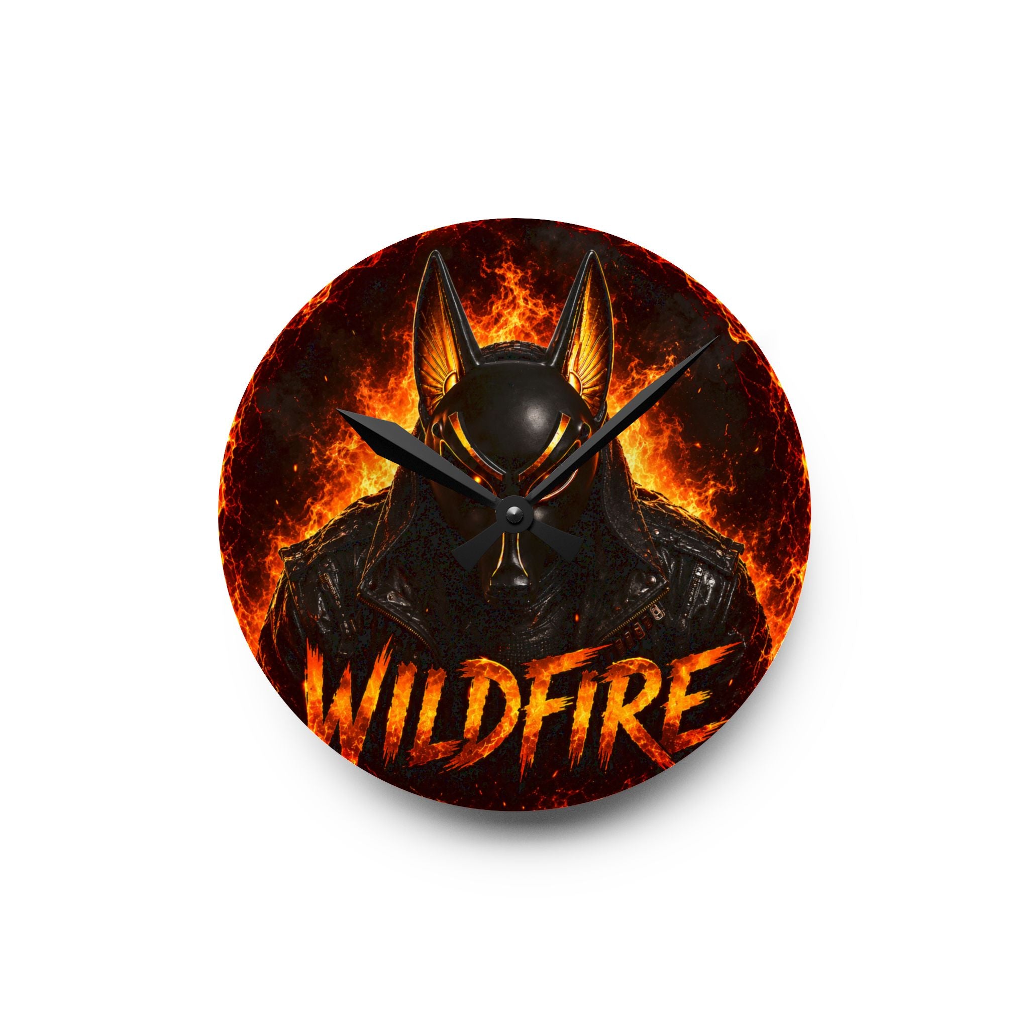 Wildfire Anubis Mask Acrylic Wall Clock — Fiery Gaming/Esports Decor