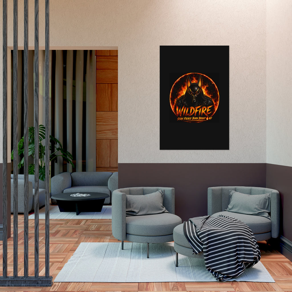 Wildfire Poster — Fiery Anubis Illustration with 'Stay Fierce Burn Bright'