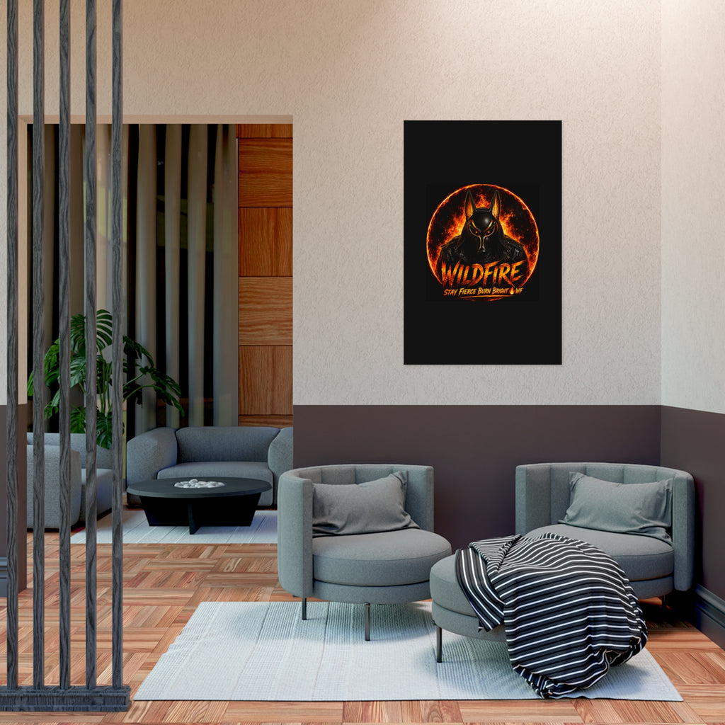Wildfire Poster — Fiery Anubis Illustration with 'Stay Fierce Burn Bright'