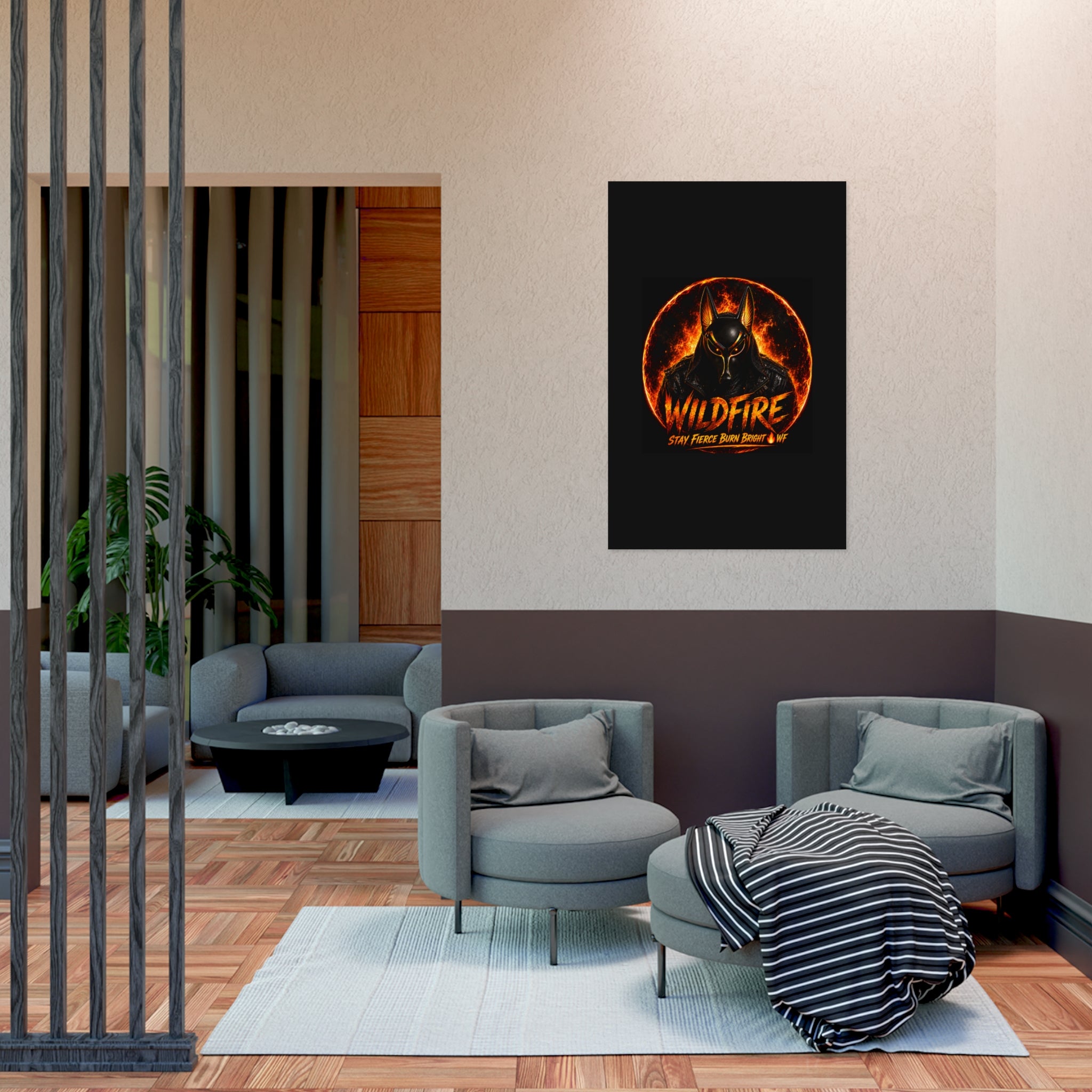 Wildfire Poster — Fiery Anubis Illustration with 'Stay Fierce Burn Bright'