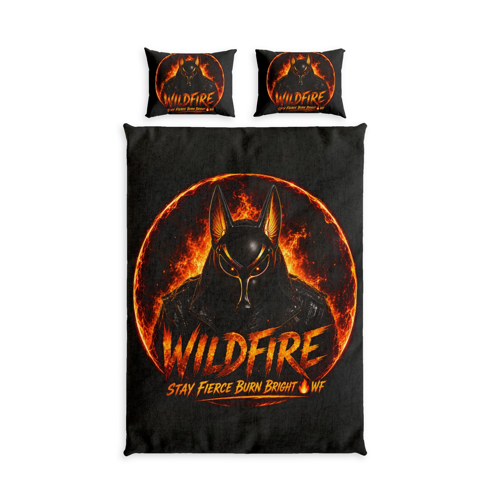 Wildfire Flame Anubis Cotton Bed Set — "Stay Fierce, Burn Bright" Duvet Cover
