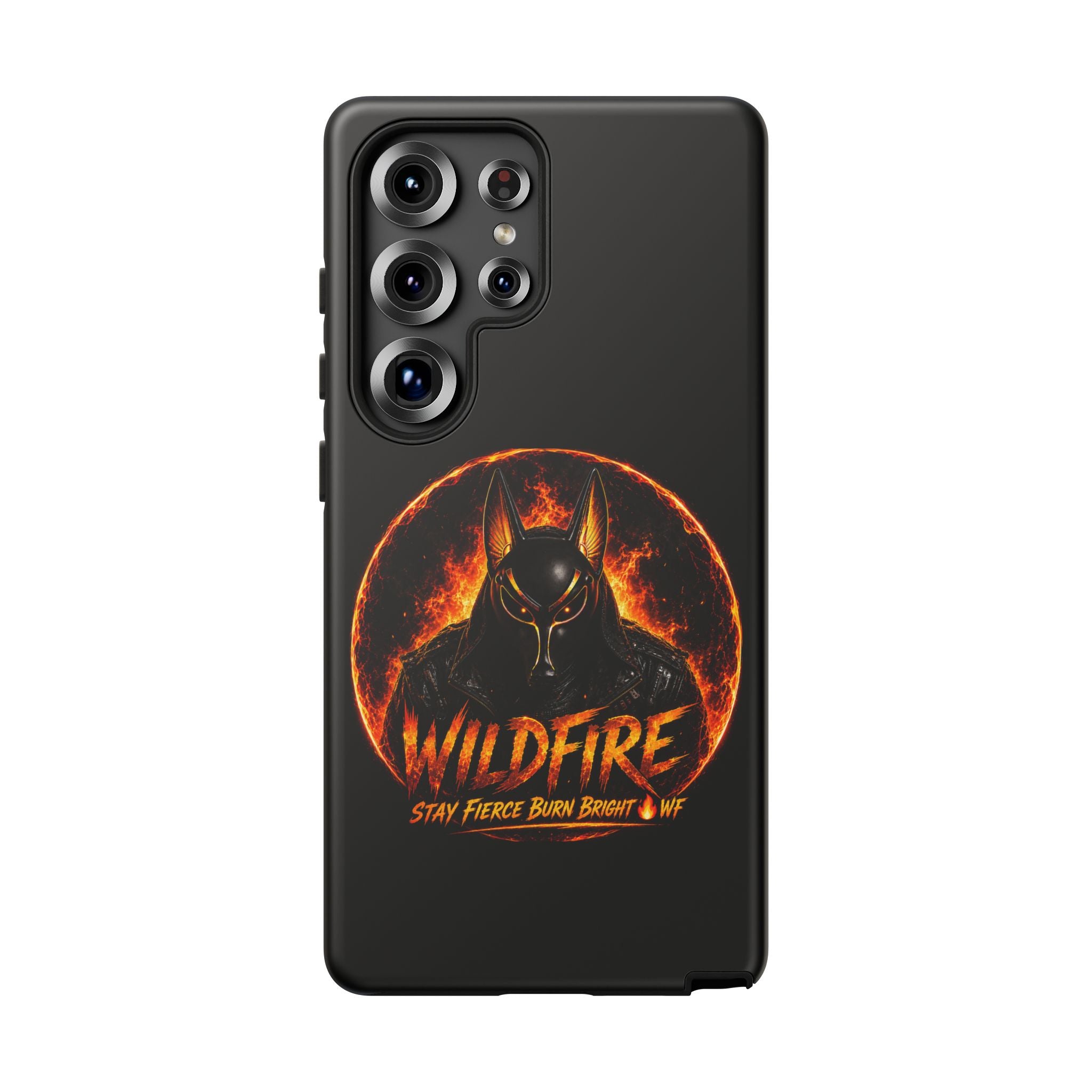 Wildfire Phone Case — Fierce Flaming Anubis Design, "Stay Fierce Burn Bright"