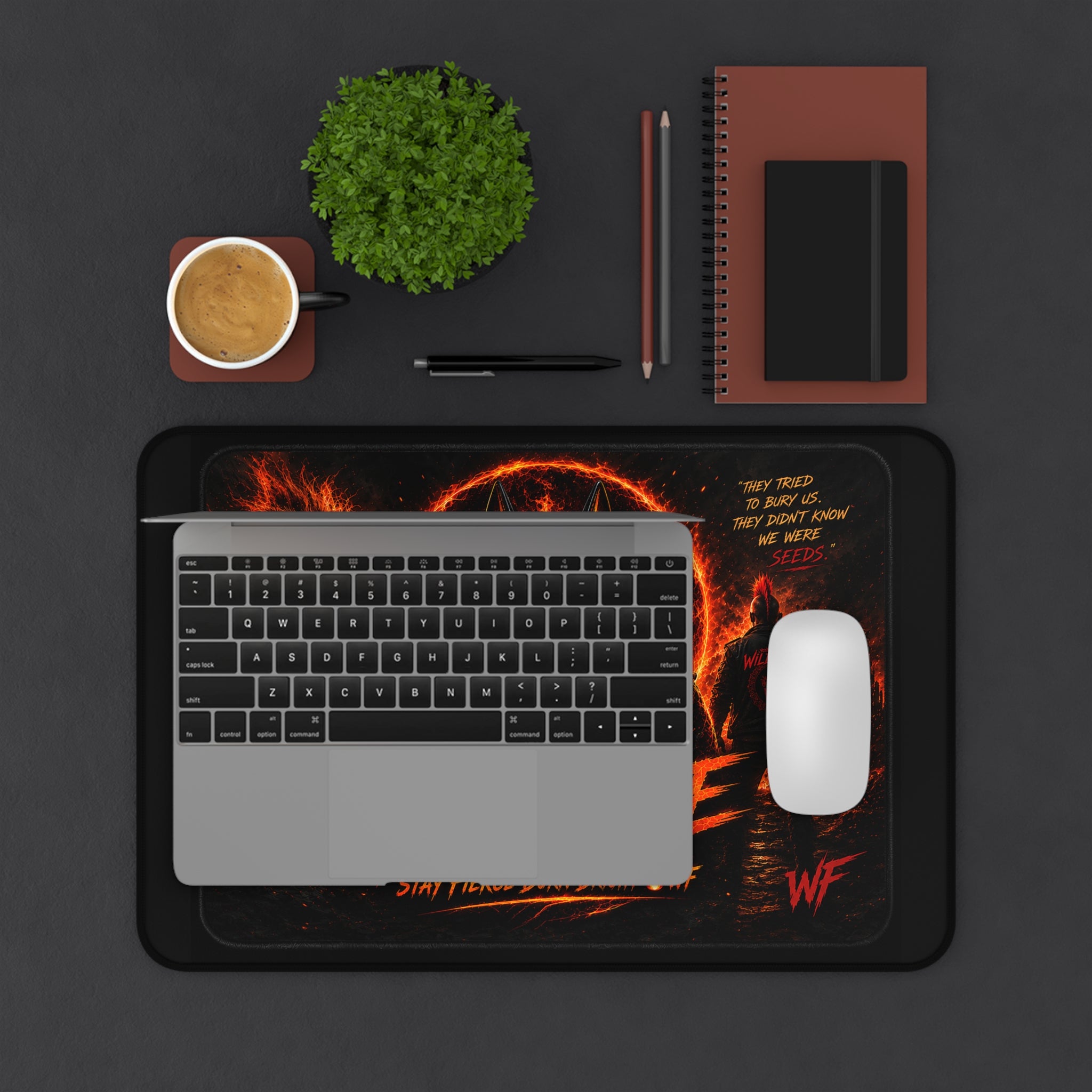 Wildfire Desk Mat — Fiery Lion & Anubis Gaming Mouse Pad ("Stay Fierce Burn Bright")