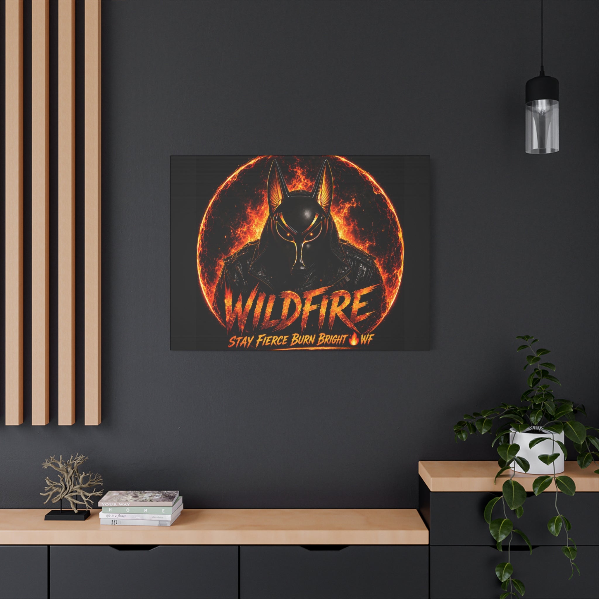 Wildfire Anubis Canvas — ‘WILDFIRE Stay Fierce Burn Bright’ Matte Stretched Wall Art