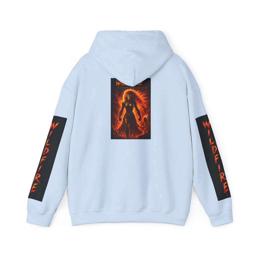Wildfire Sekhmet's Fire Graphic Hoodie — Fiery Elemental Back Art & Sleeve Text