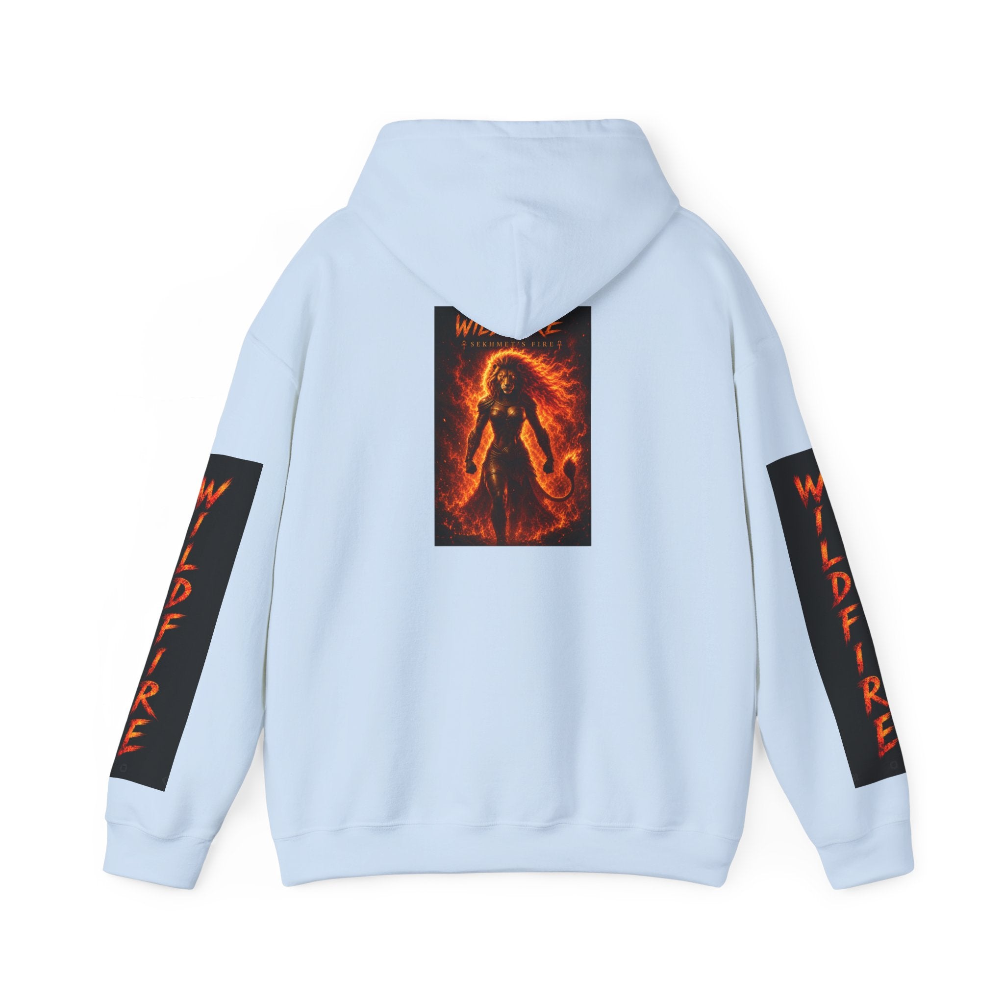 Wildfire Sekhmet's Fire Graphic Hoodie — Fiery Elemental Back Art & Sleeve Text
