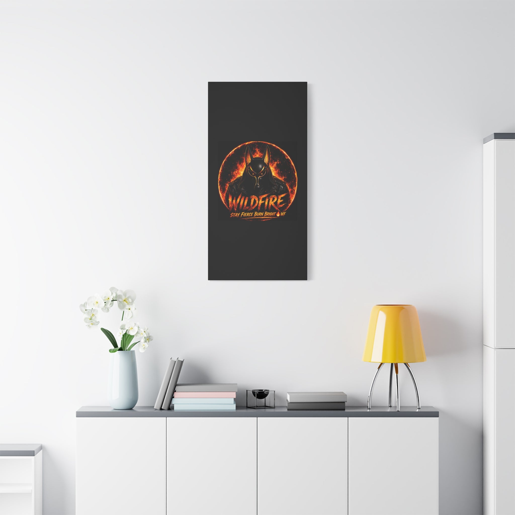 Wildfire Anubis Canvas — ‘WILDFIRE Stay Fierce Burn Bright’ Matte Stretched Wall Art