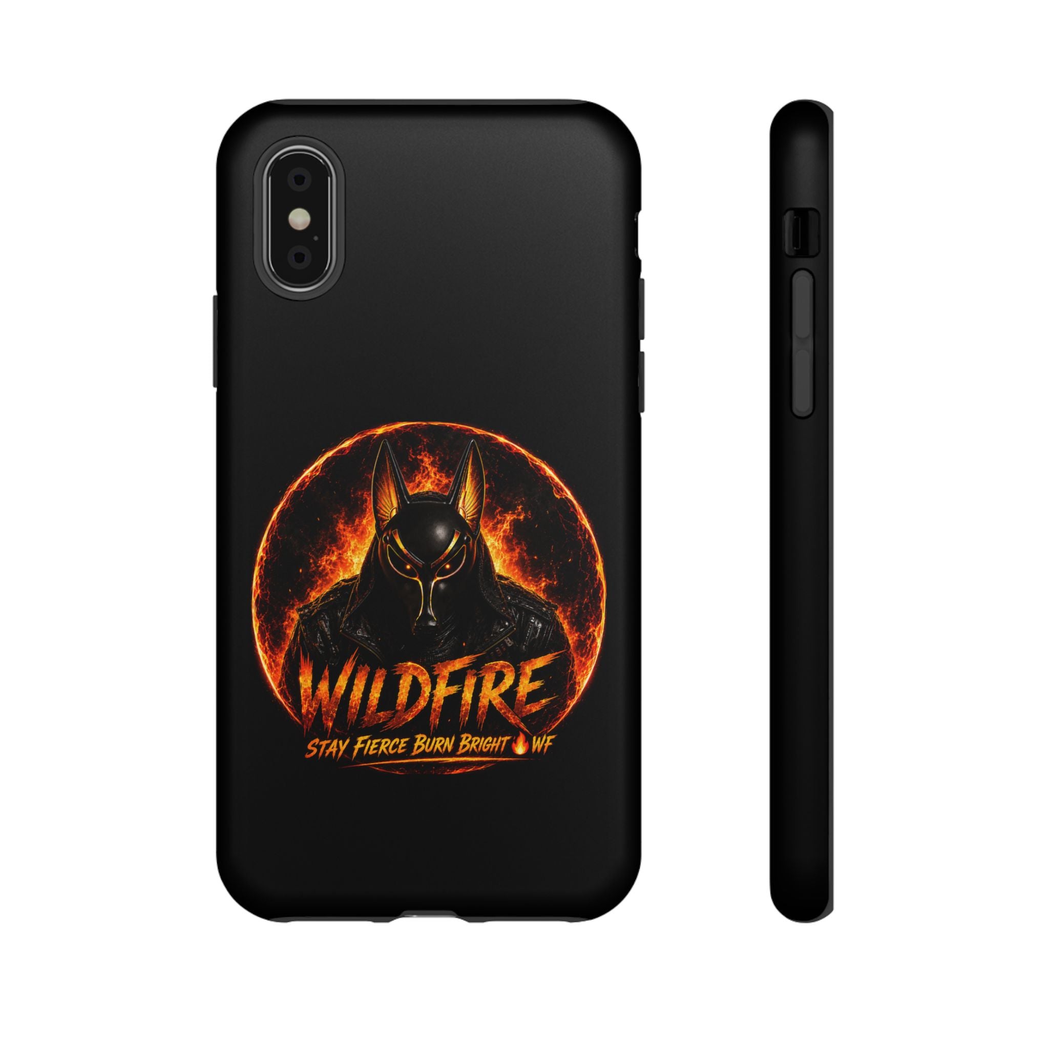 Wildfire Phone Case — Fierce Flaming Anubis Design, "Stay Fierce Burn Bright"