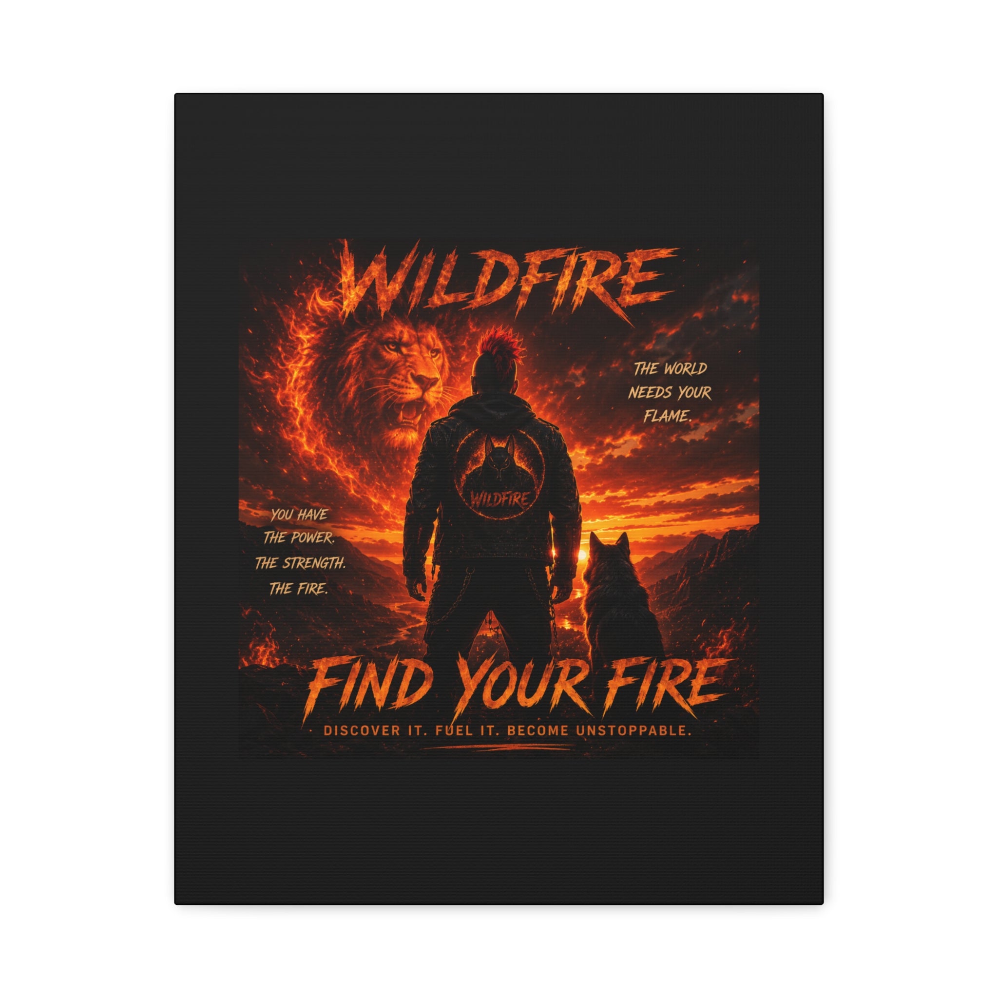 Wildfire 'Find Your Fire' Matte Canvas Wall Art — Inspirational Lion & Silhouette Scene