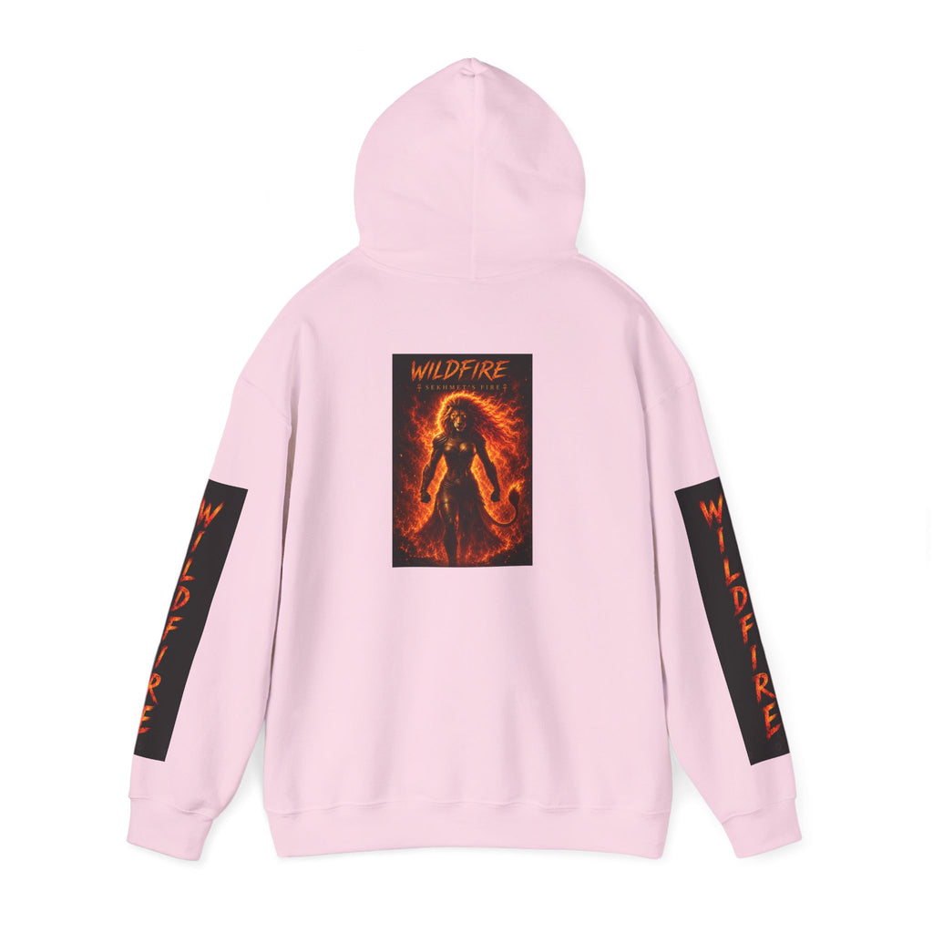 Wildfire Sekhmet's Fire Graphic Hoodie — Fiery Elemental Back Art & Sleeve Text