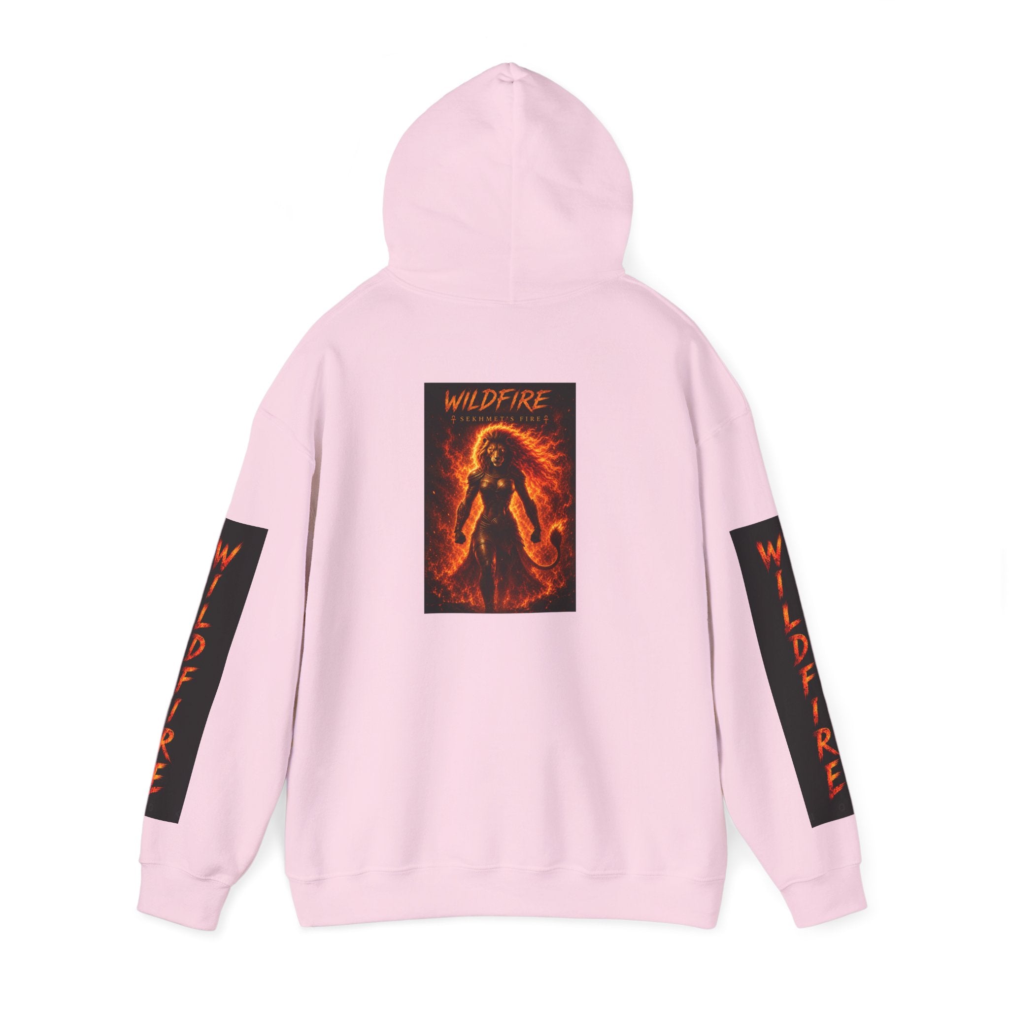 Wildfire Sekhmet's Fire Graphic Hoodie — Fiery Elemental Back Art & Sleeve Text
