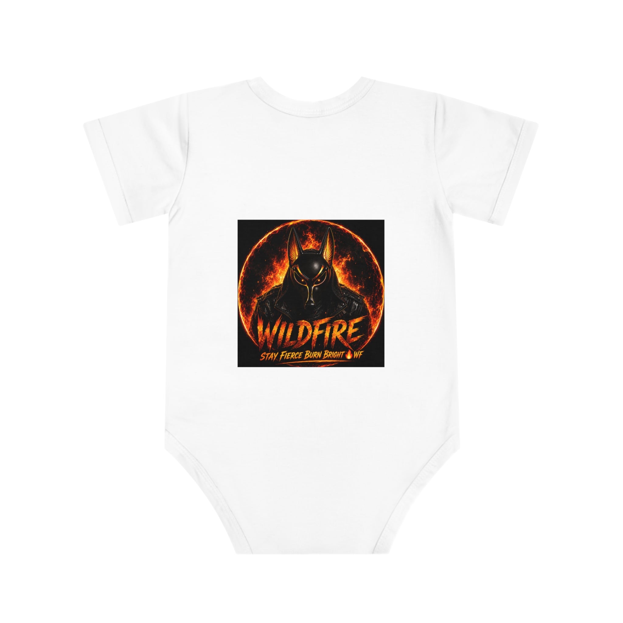 Wildfire Baby Bodysuit — Fiery Anubis Graphic Infant Onesie