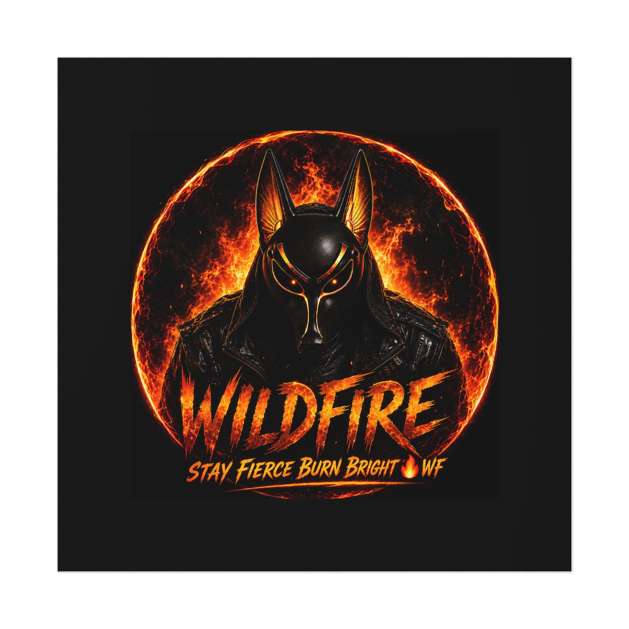 Wildfire Poster — Fiery Anubis Illustration with 'Stay Fierce Burn Bright'