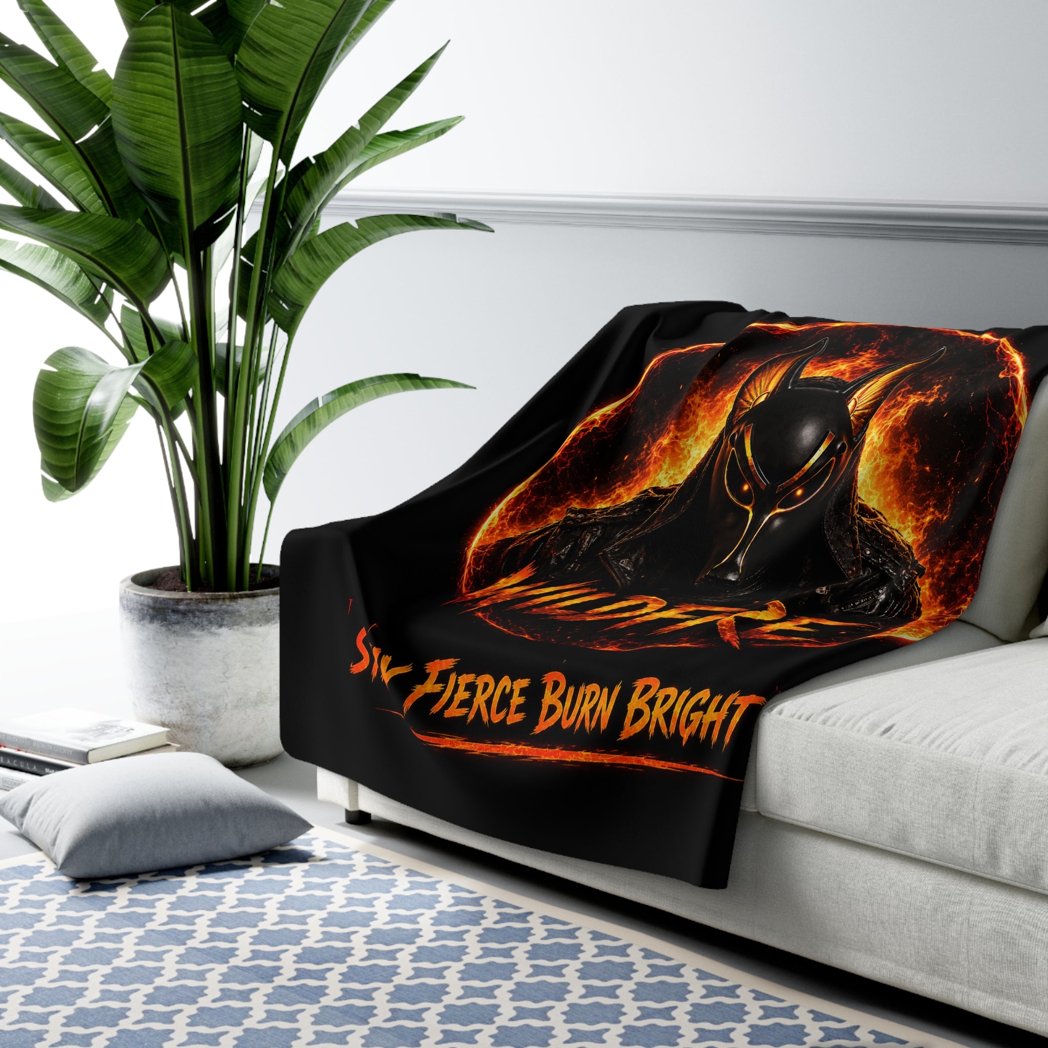 Wildfire Sherpa Blanket - 'Stay Fierce Burn Bright' Fiery Anubis Design