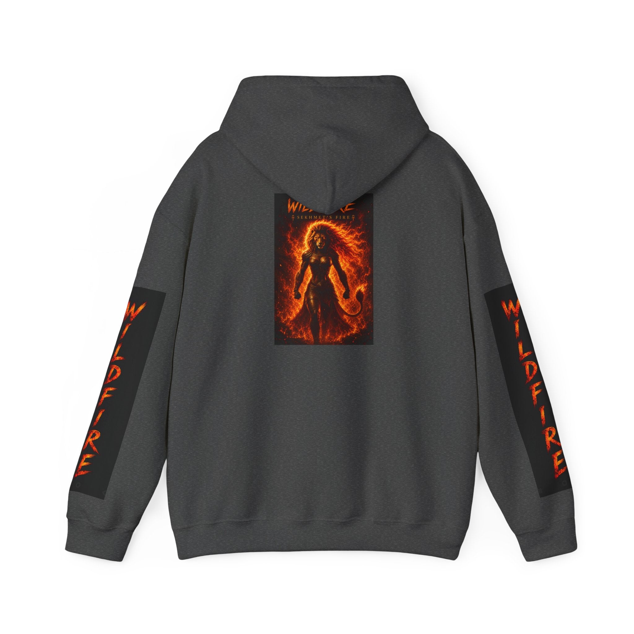 Wildfire Sekhmet's Fire Graphic Hoodie — Fiery Elemental Back Art & Sleeve Text
