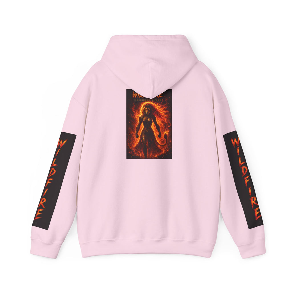 Wildfire Sekhmet's Fire Graphic Hoodie — Fiery Elemental Back Art & Sleeve Text