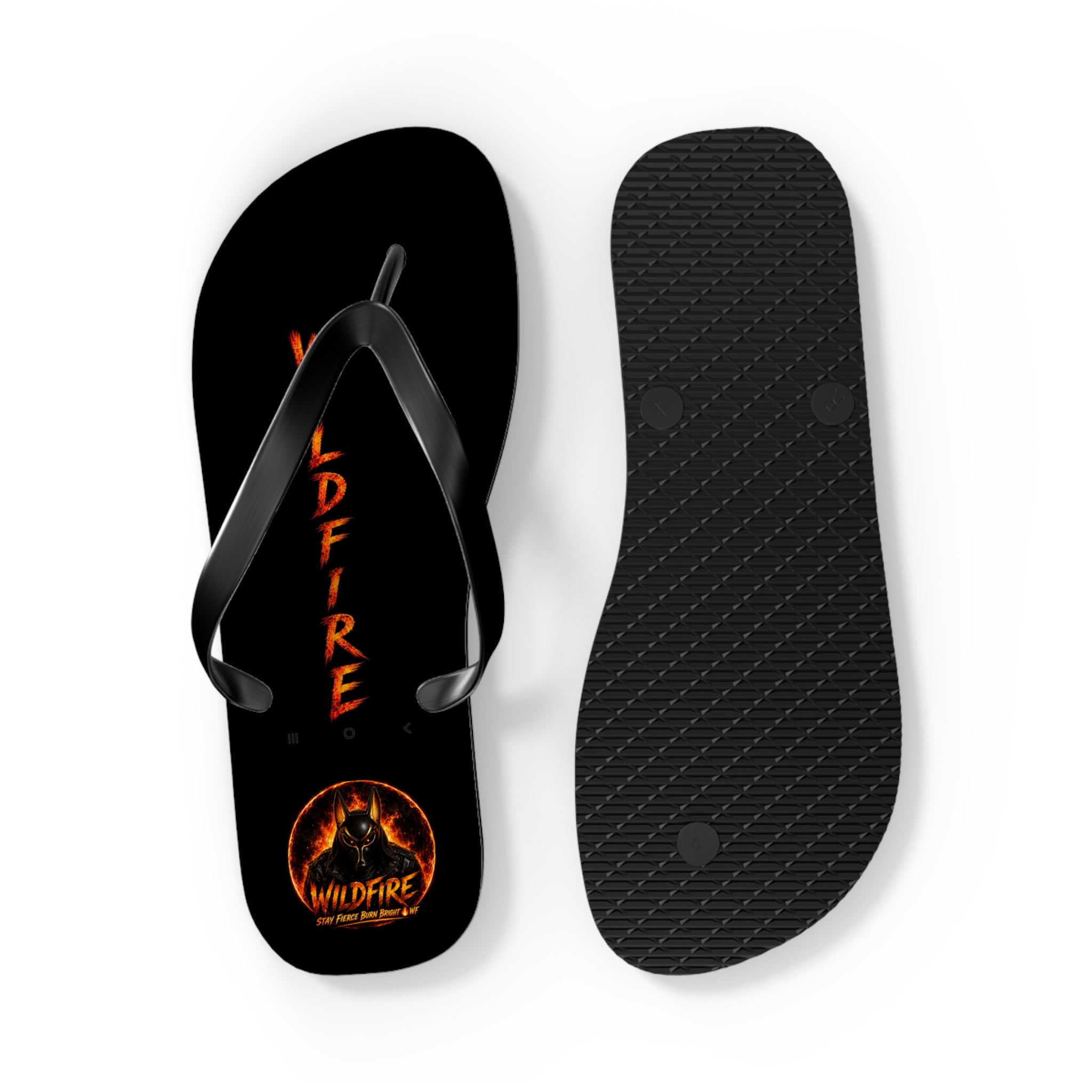 Wildfire Flame Flip Flops — Black Beach Sandals with Flaming Logo