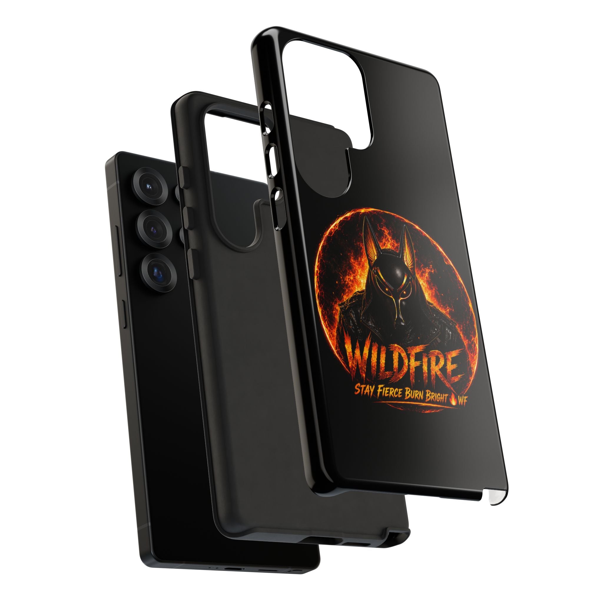 Wildfire Phone Case — Fierce Flaming Anubis Design, "Stay Fierce Burn Bright"