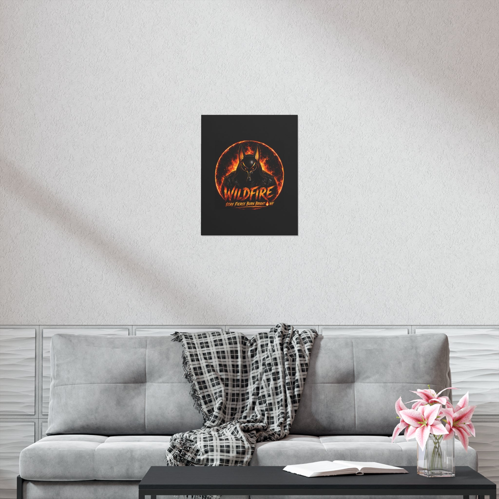 Wildfire Poster — Fiery Anubis Illustration with 'Stay Fierce Burn Bright'
