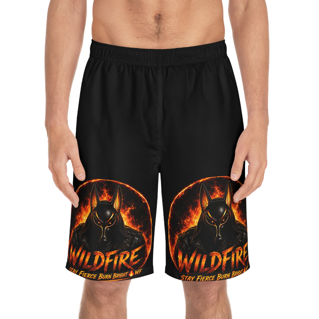 Wildfire Men’s Board Shorts — Fiery Anubis Graphic Swim Trunks