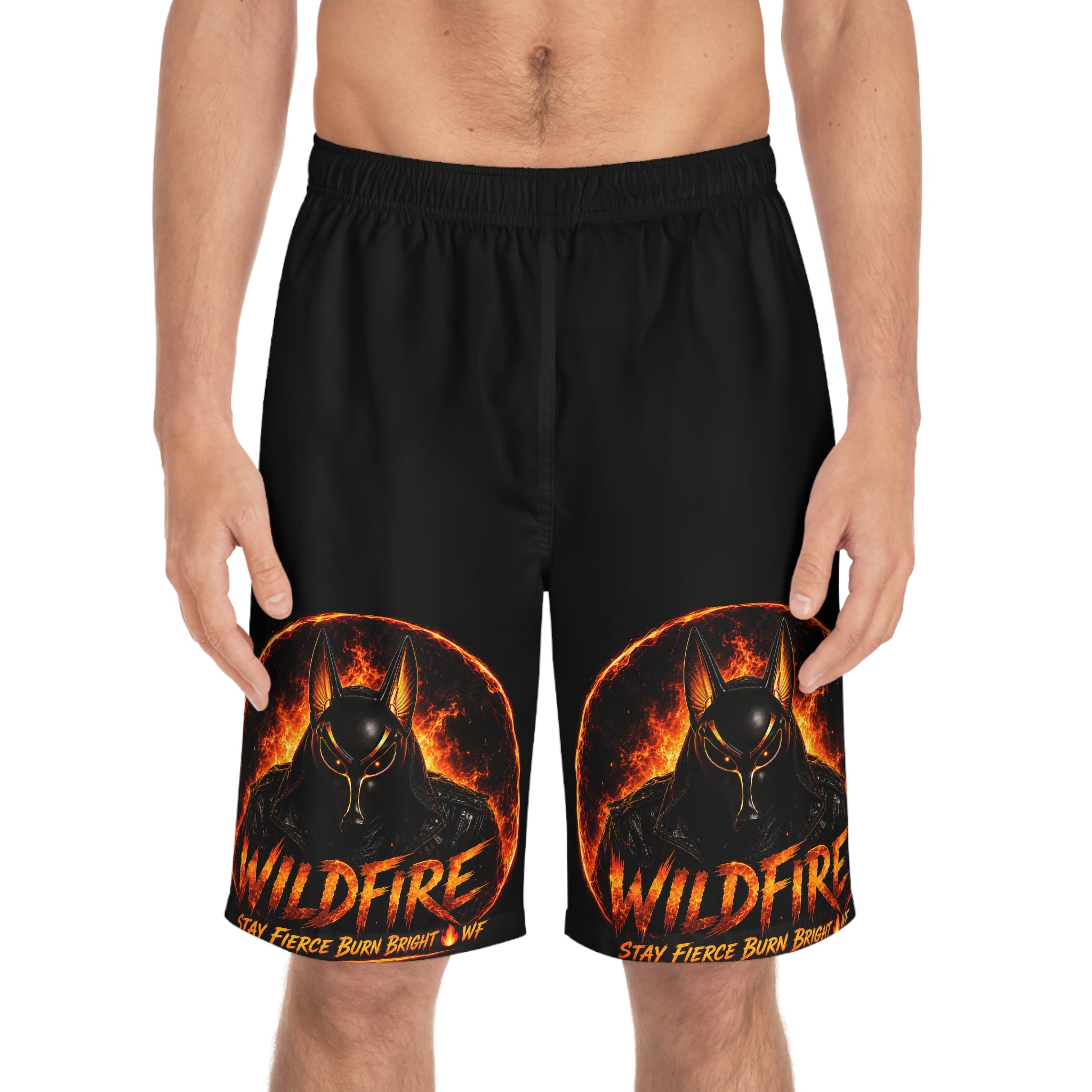 Wildfire Men’s Board Shorts — Fiery Anubis Graphic Swim Trunks