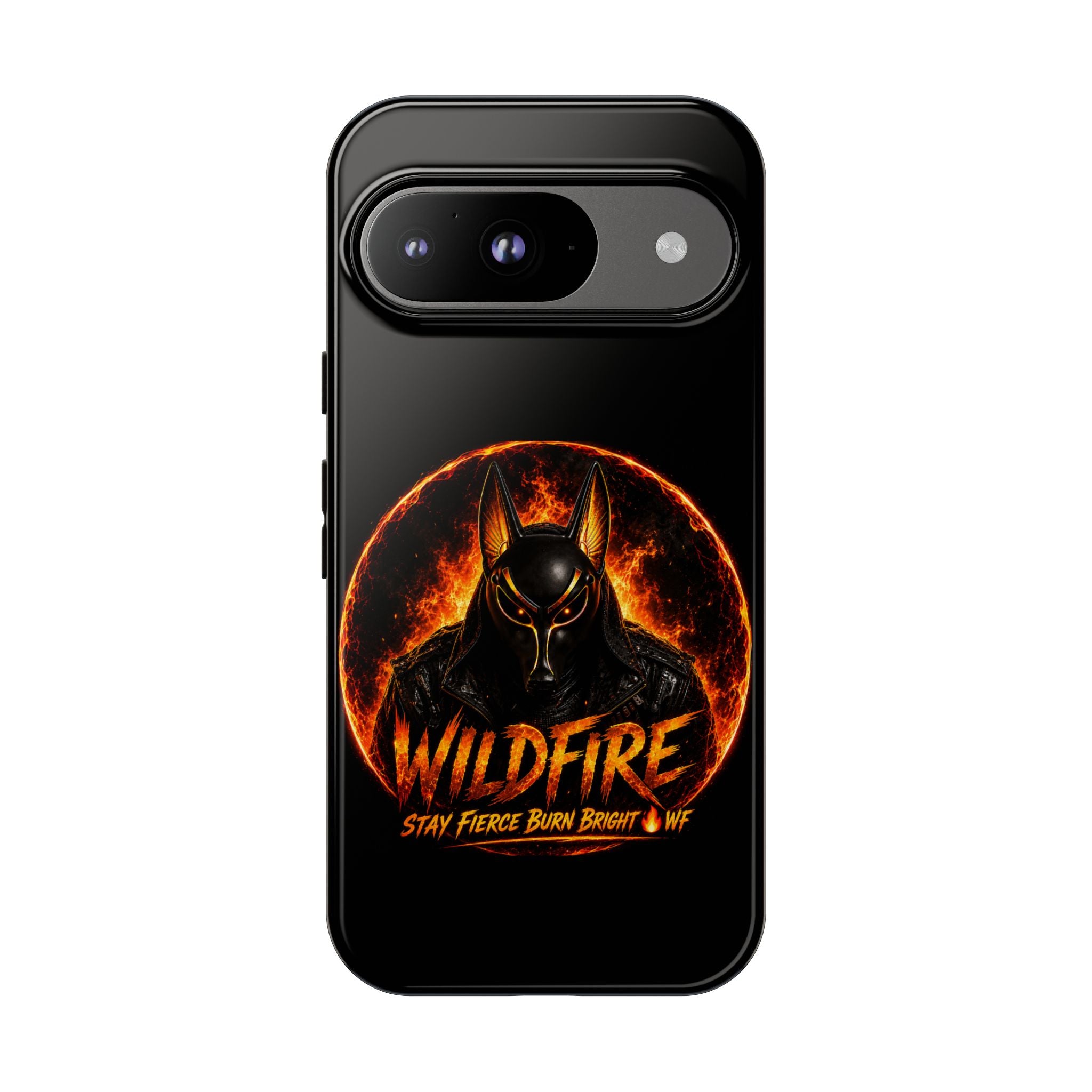 Wildfire Phone Case — Fierce Flaming Anubis Design, "Stay Fierce Burn Bright"