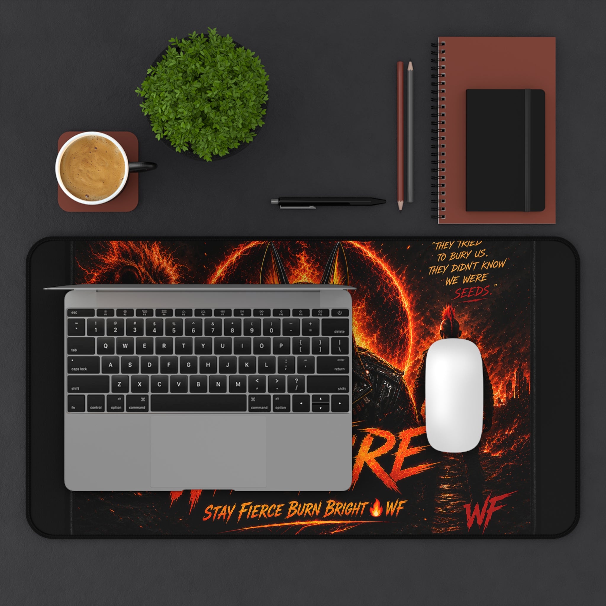Wildfire Desk Mat — Fiery Lion & Anubis Gaming Mouse Pad ("Stay Fierce Burn Bright")