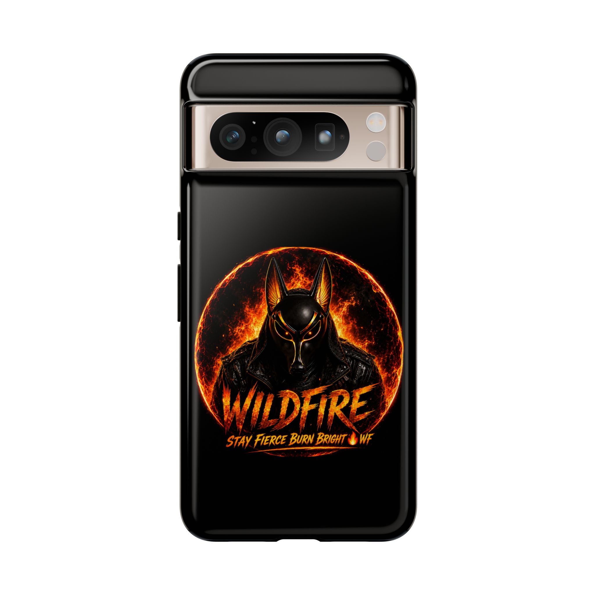 Wildfire Phone Case — Fierce Flaming Anubis Design, "Stay Fierce Burn Bright"
