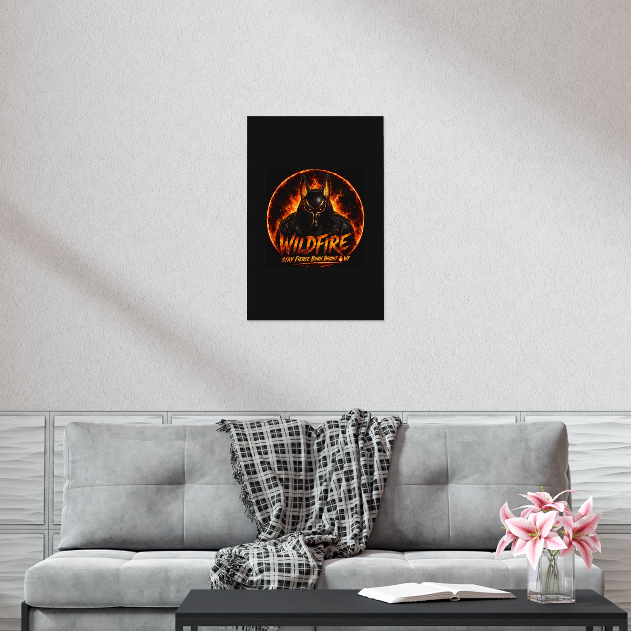 Wildfire Poster — Fiery Anubis Illustration with 'Stay Fierce Burn Bright'