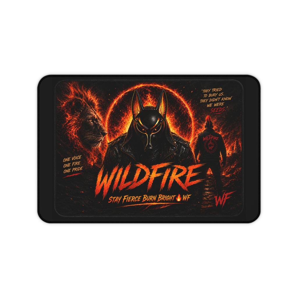 Wildfire Desk Mat — Fiery Lion & Anubis Gaming Mouse Pad ("Stay Fierce Burn Bright")