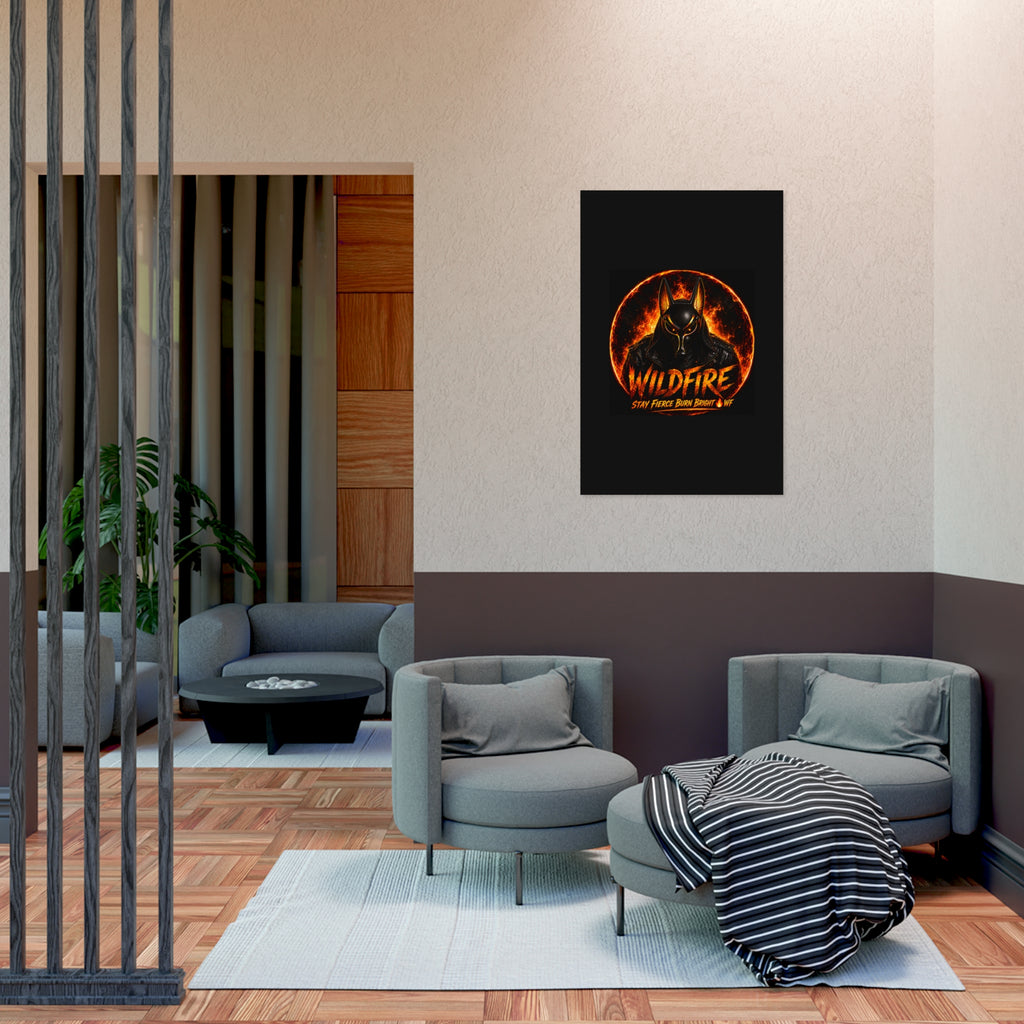 Wildfire Poster — Fiery Anubis Illustration with 'Stay Fierce Burn Bright'