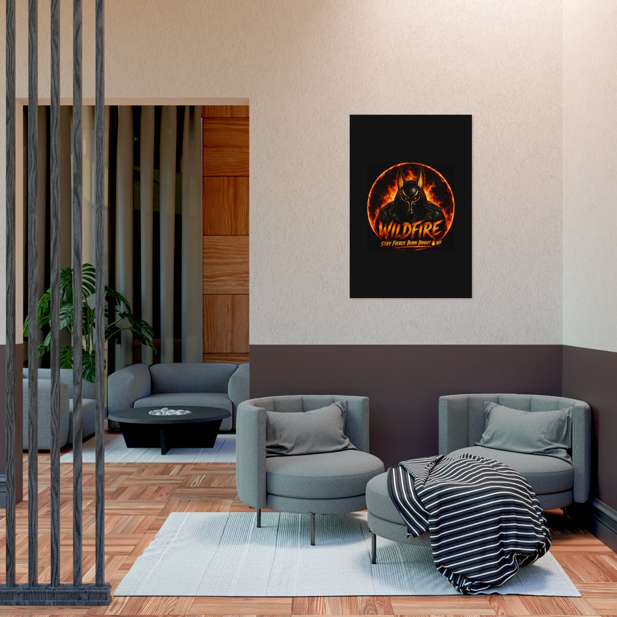Wildfire Poster — Fiery Anubis Illustration with 'Stay Fierce Burn Bright'