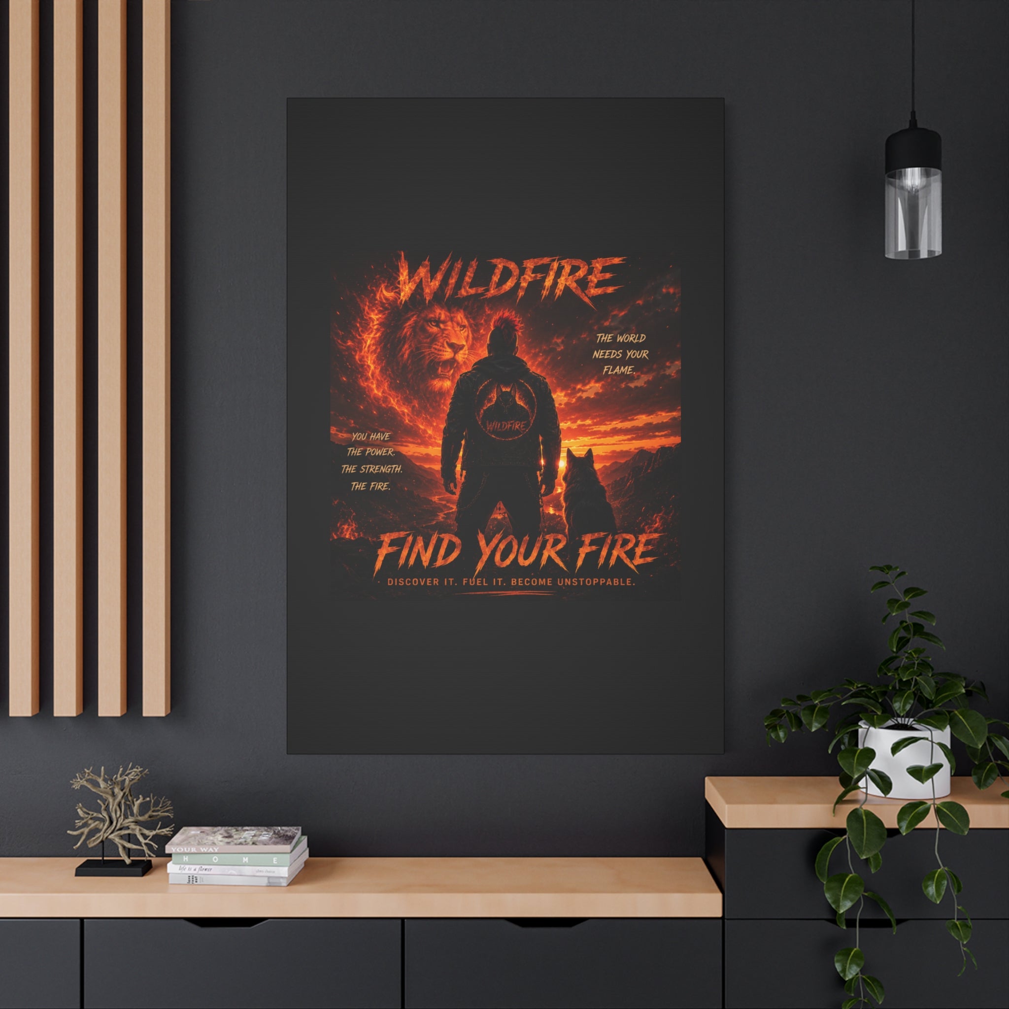 Wildfire 'Find Your Fire' Matte Canvas Wall Art — Inspirational Lion & Silhouette Scene