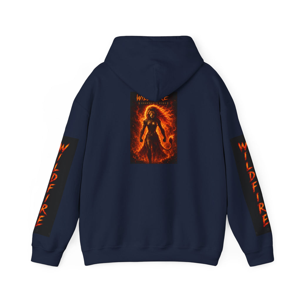 Wildfire Sekhmet's Fire Graphic Hoodie — Fiery Elemental Back Art & Sleeve Text