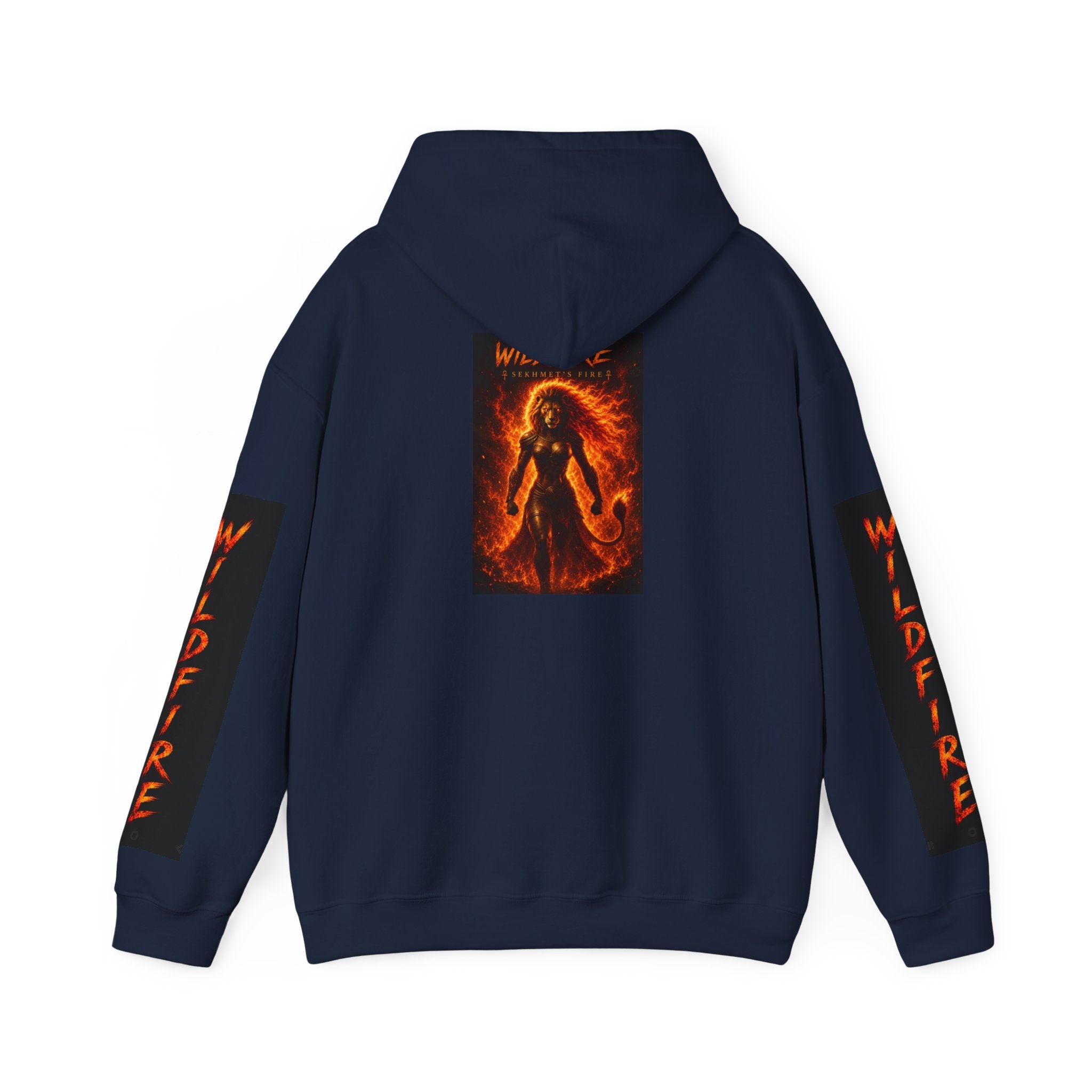 Wildfire Sekhmet's Fire Graphic Hoodie — Fiery Elemental Back Art & Sleeve Text