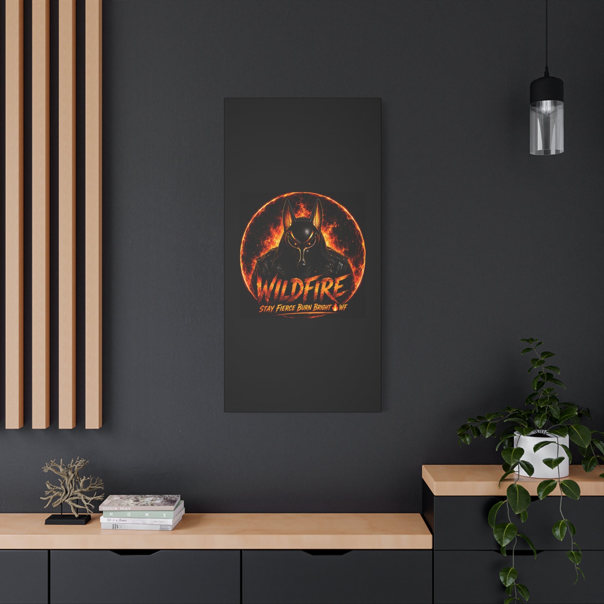 Wildfire Anubis Canvas — ‘WILDFIRE Stay Fierce Burn Bright’ Matte Stretched Wall Art