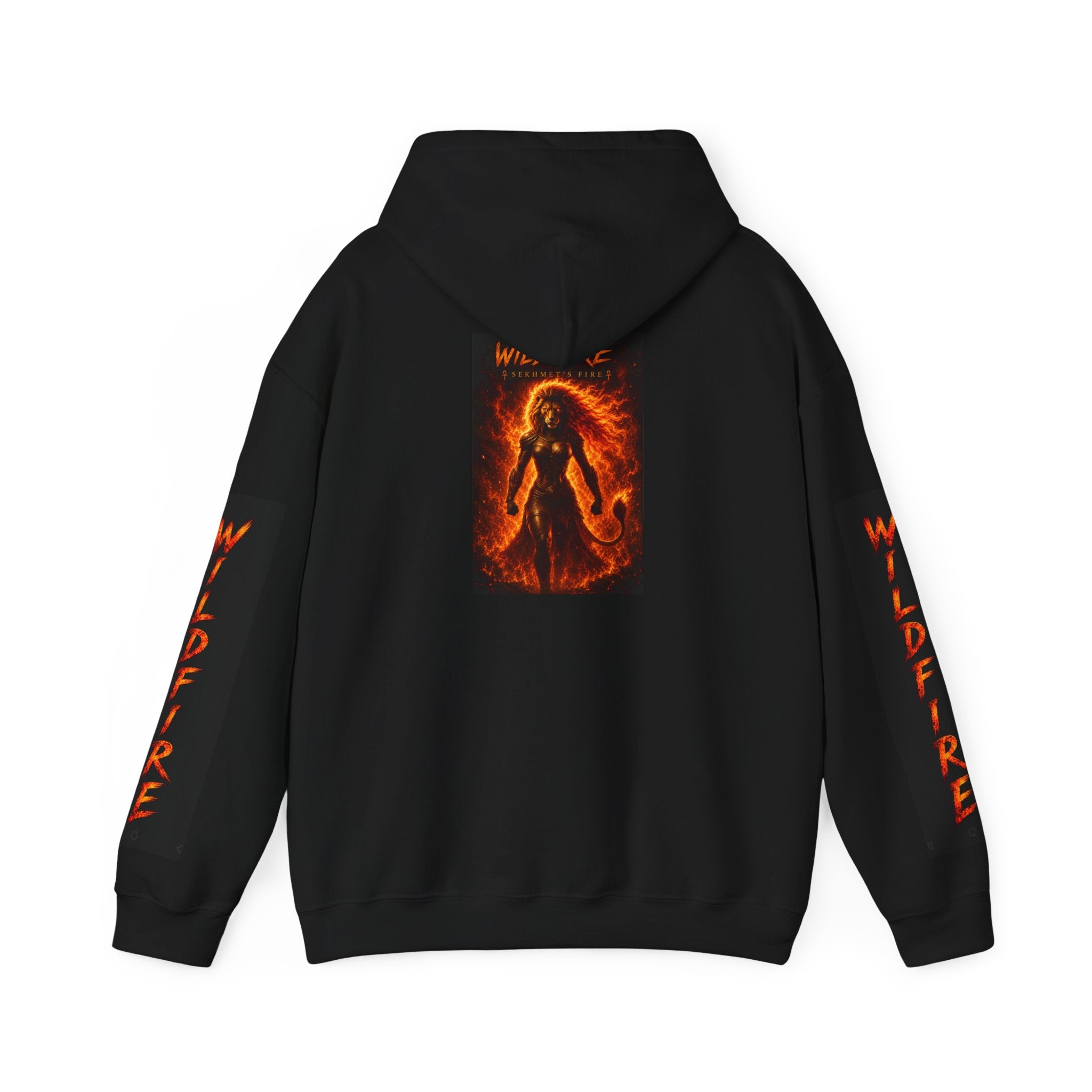 Wildfire Sekhmet's Fire Graphic Hoodie — Fiery Elemental Back Art & Sleeve Text