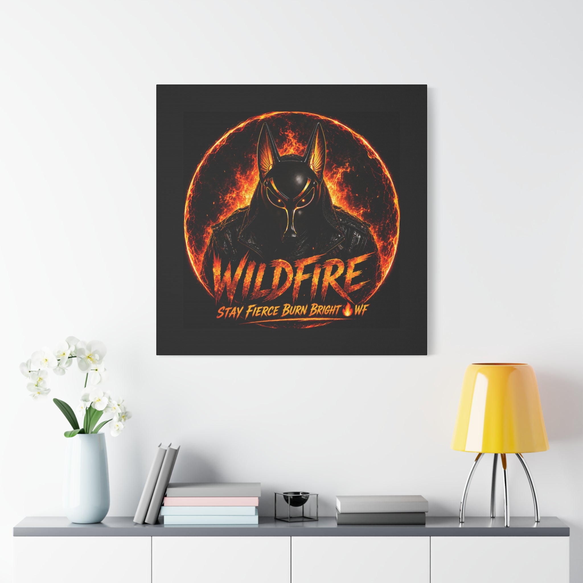 Wildfire Anubis Canvas — ‘WILDFIRE Stay Fierce Burn Bright’ Matte Stretched Wall Art