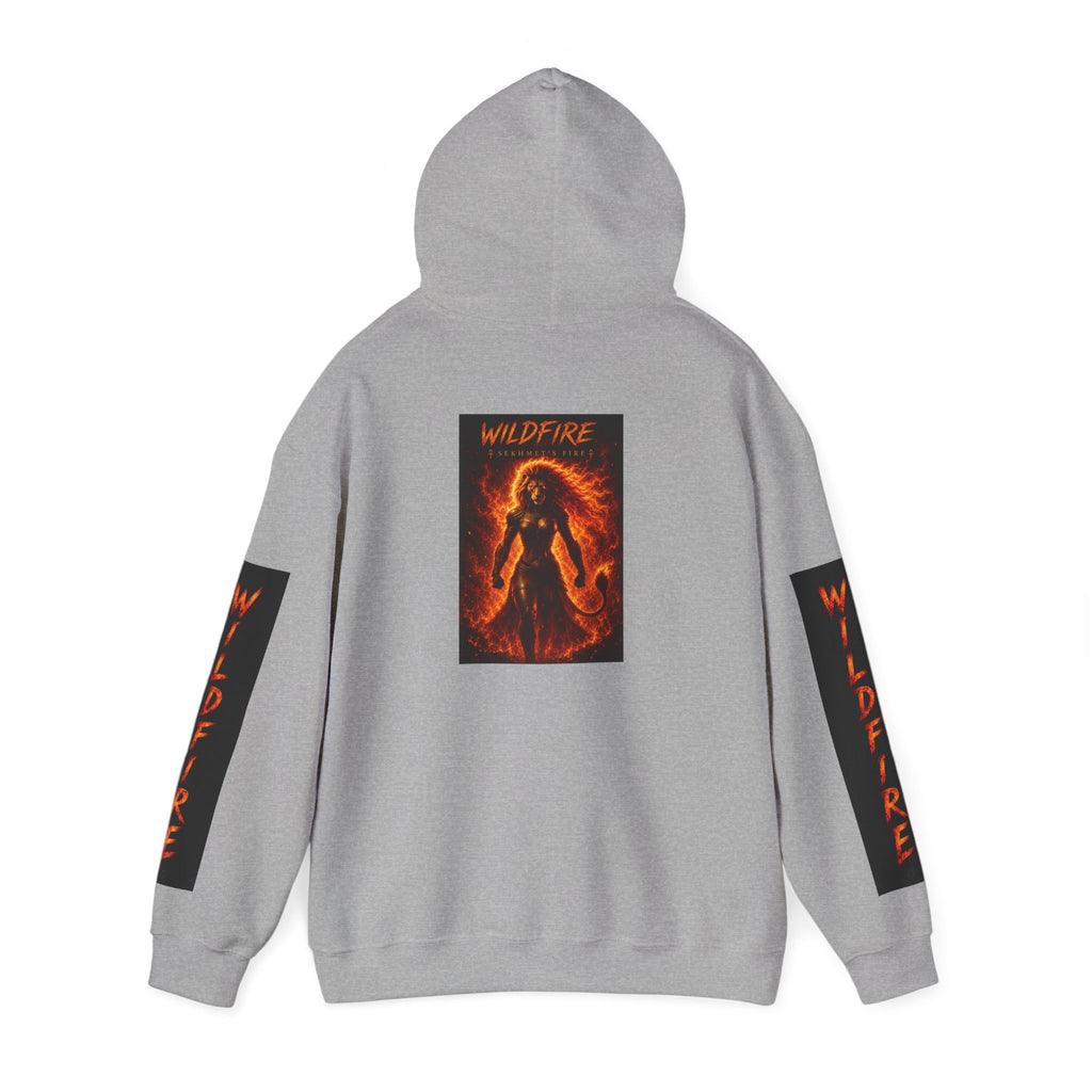Wildfire Sekhmet's Fire Graphic Hoodie — Fiery Elemental Back Art & Sleeve Text