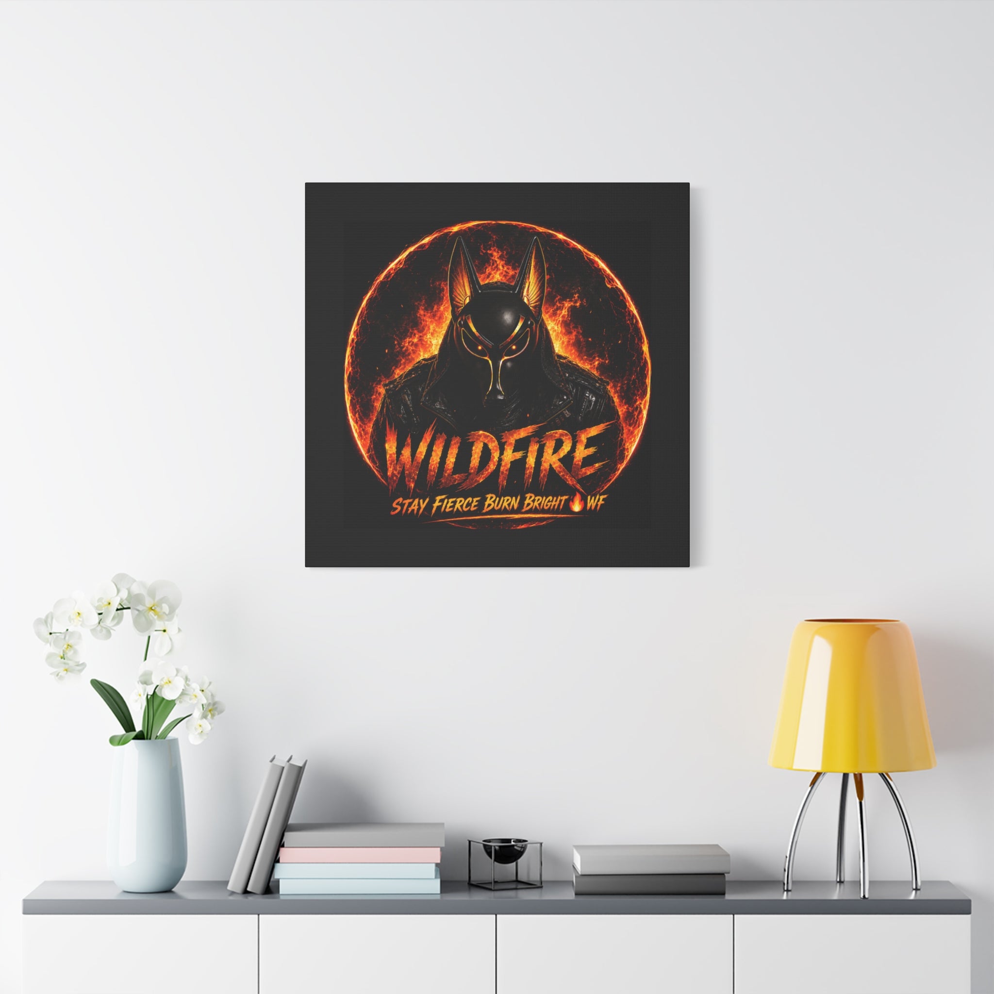 Wildfire Anubis Canvas — ‘WILDFIRE Stay Fierce Burn Bright’ Matte Stretched Wall Art