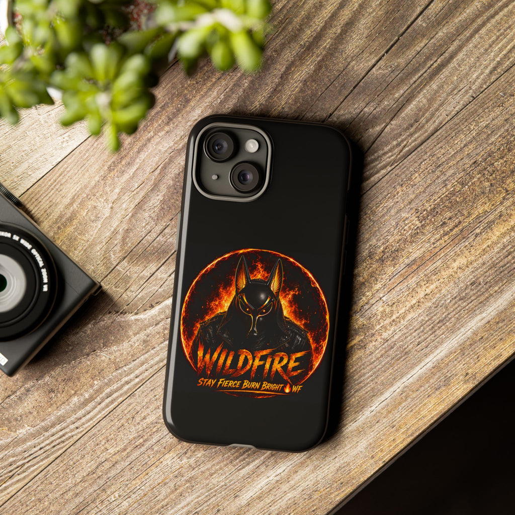 Wildfire Phone Case — Fierce Flaming Anubis Design, "Stay Fierce Burn Bright"