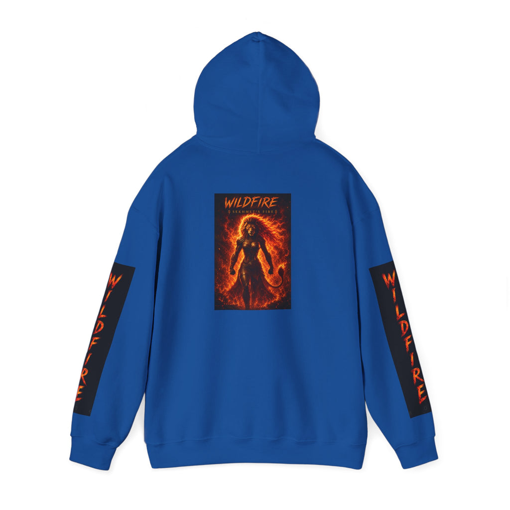 Wildfire Sekhmet's Fire Graphic Hoodie — Fiery Elemental Back Art & Sleeve Text
