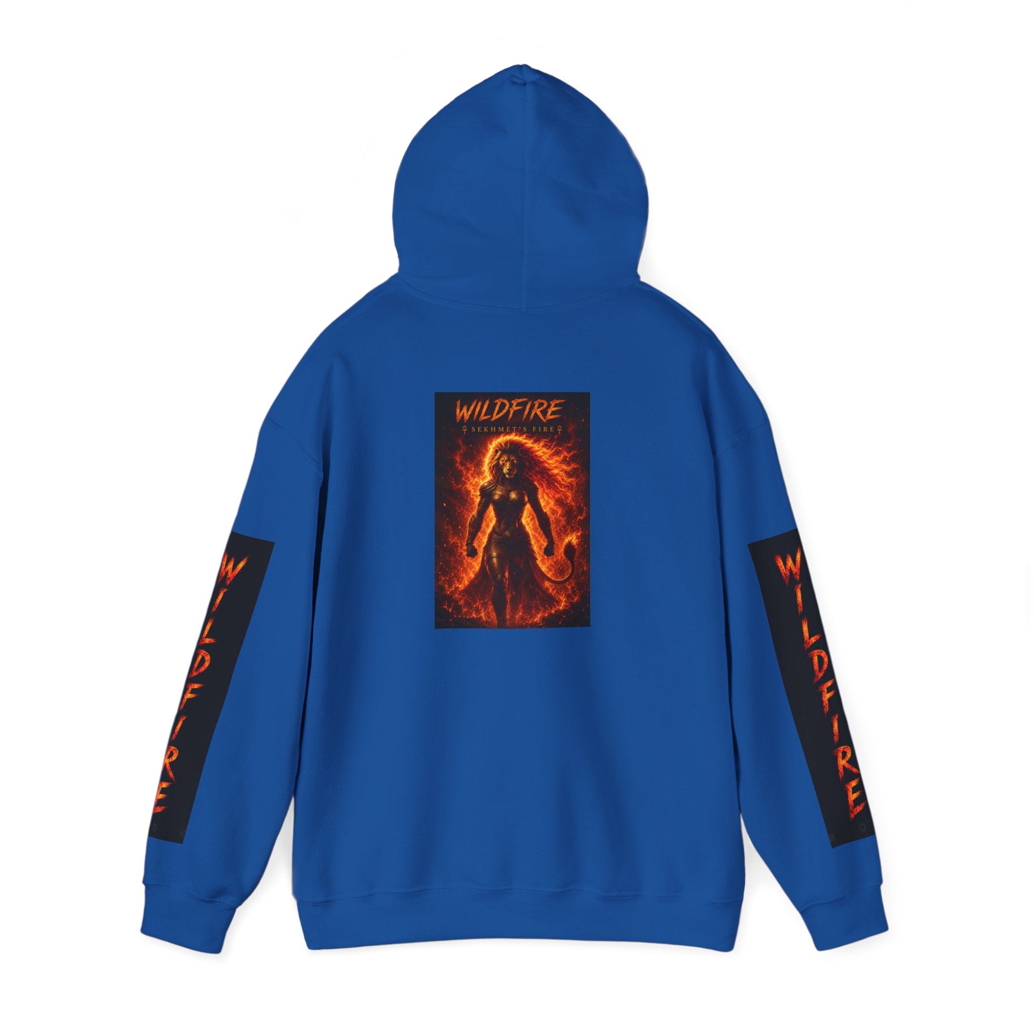 Wildfire Sekhmet's Fire Graphic Hoodie — Fiery Elemental Back Art & Sleeve Text