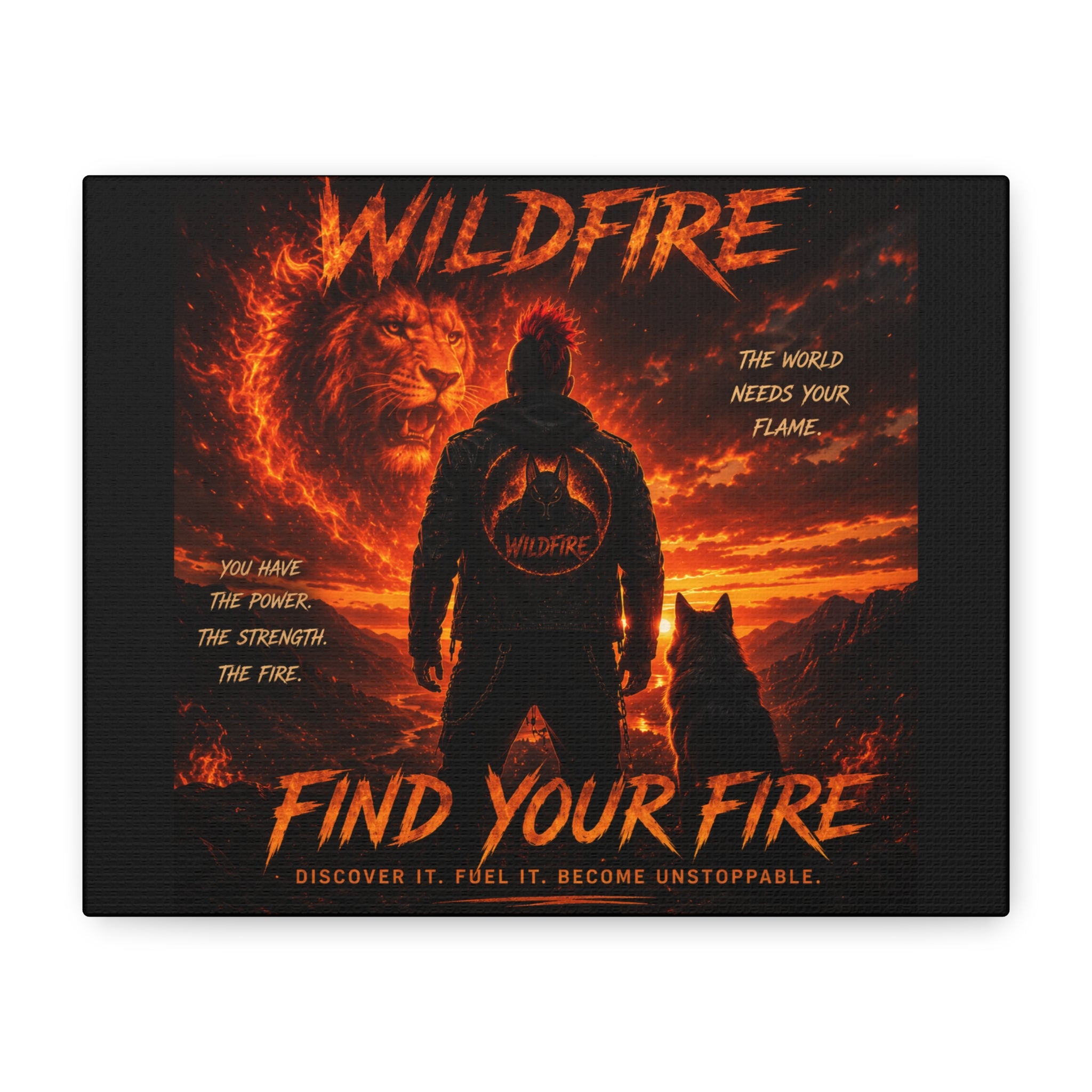 Wildfire 'Find Your Fire' Matte Canvas Wall Art — Inspirational Lion & Silhouette Scene