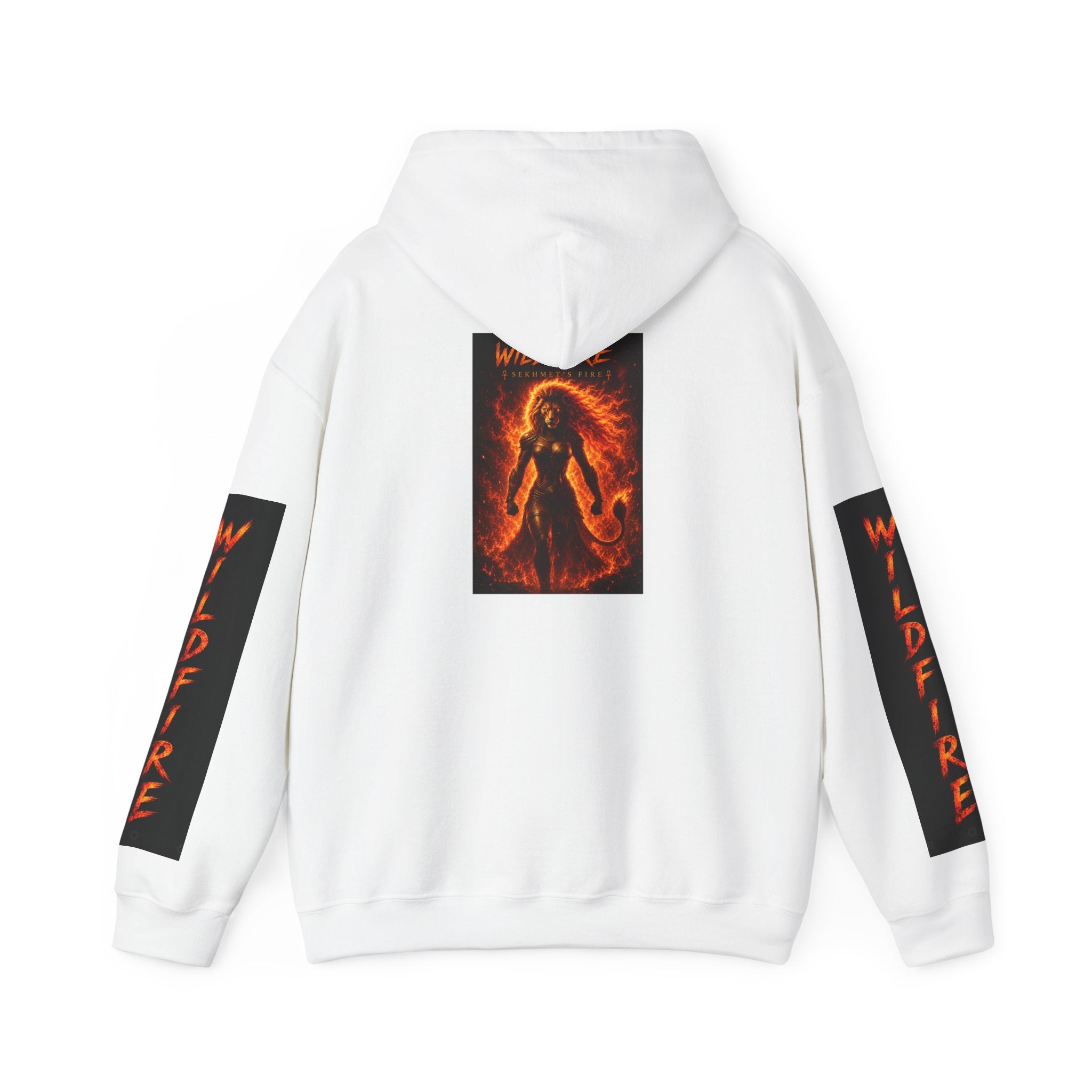 Wildfire Sekhmet's Fire Graphic Hoodie — Fiery Elemental Back Art & Sleeve Text