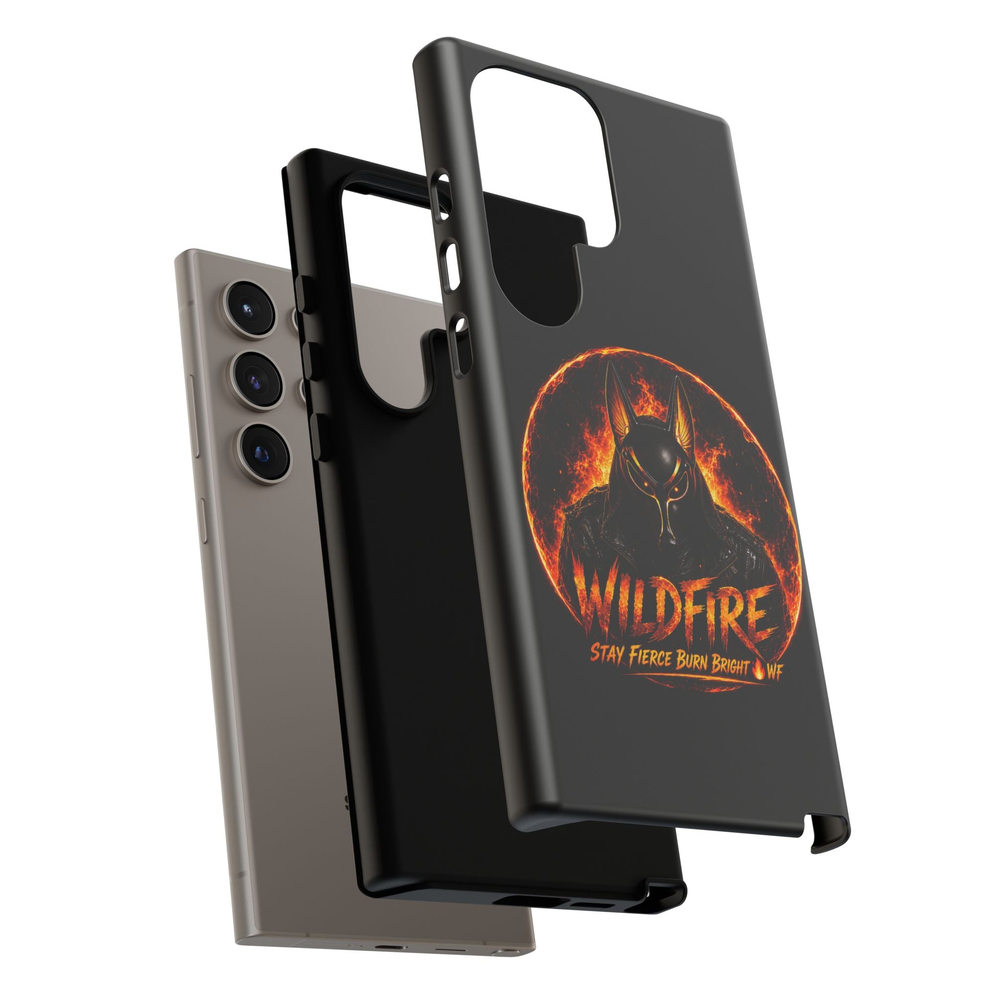 Wildfire Phone Case — Fierce Flaming Anubis Design, "Stay Fierce Burn Bright"